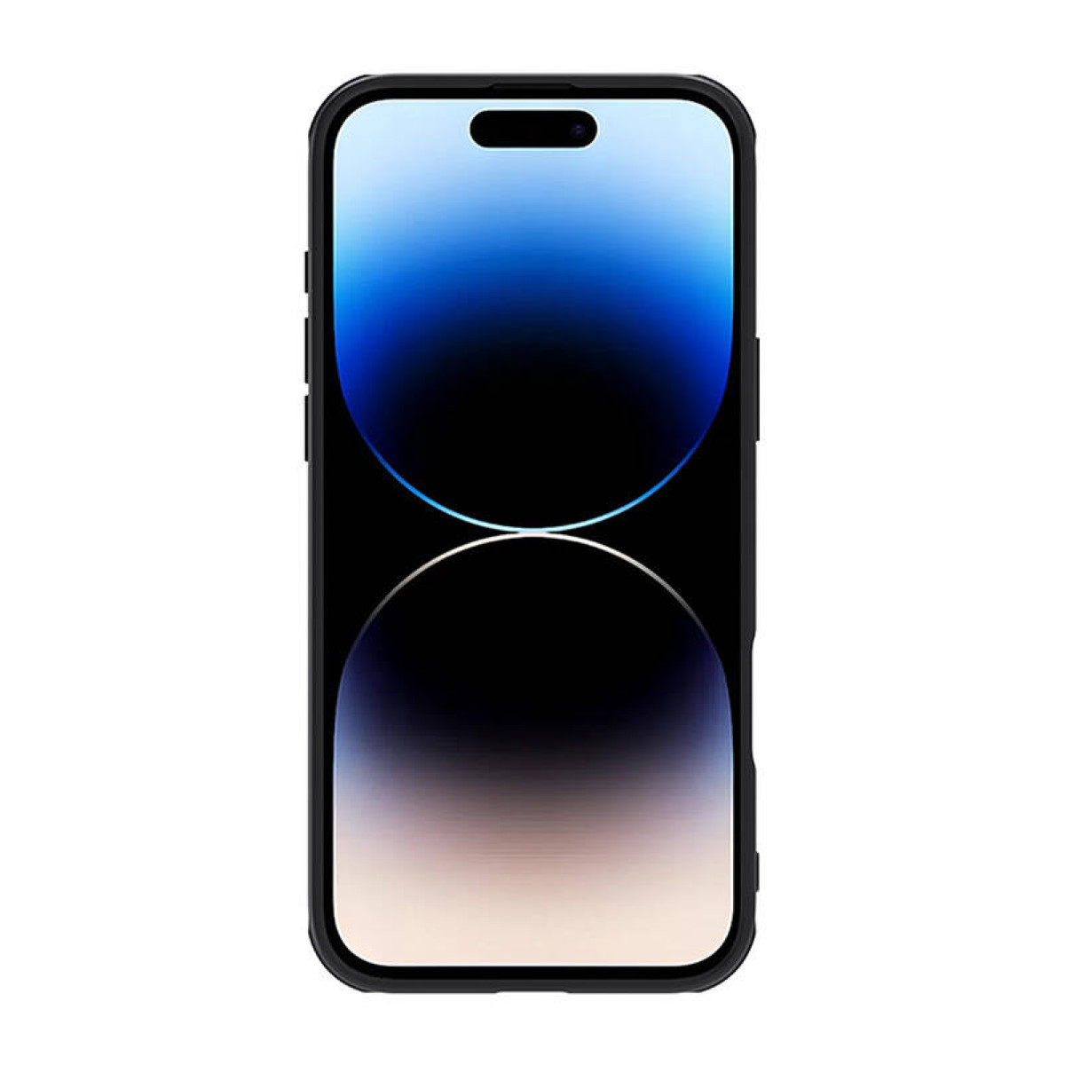Telefono nero con display. Custodia nera. Sfondo bianco e blu.