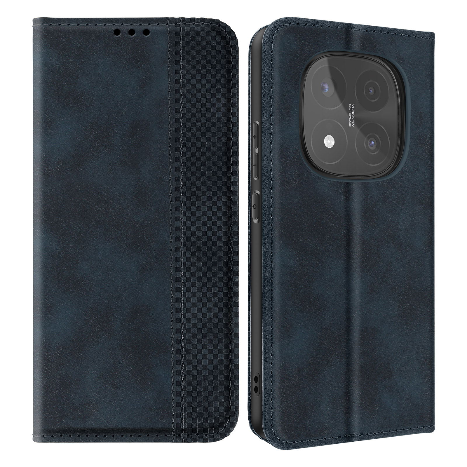 Custodia blu aperta. Carte e denaro visibili. Sfondo blu scuro.