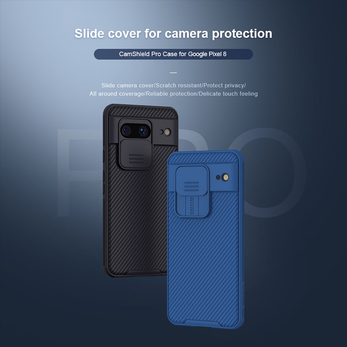 Due custodie per telefono con coperture per fotocamera su sfondo blu, con testo.