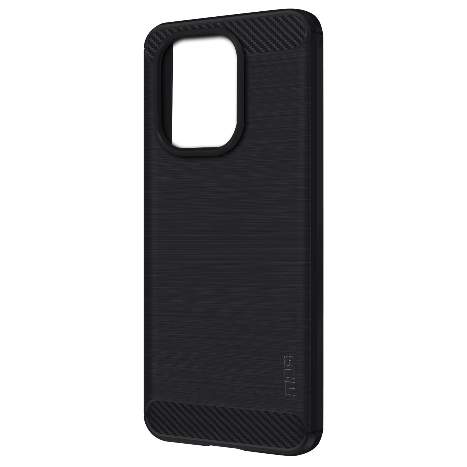 Custodia nera per telefono con trama in fibra di carbonio e ritaglio rettangolare per fotocamera.