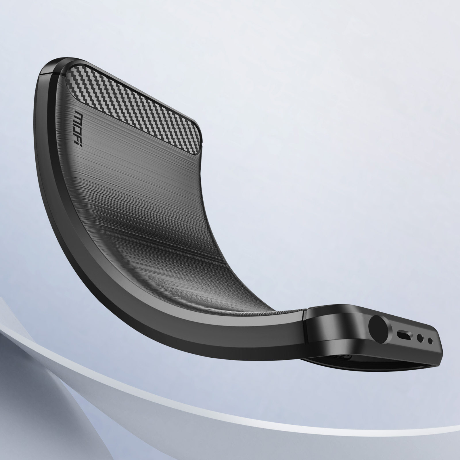 Custodia nera per telefono con design curvo e trama in fibra di carbonio.