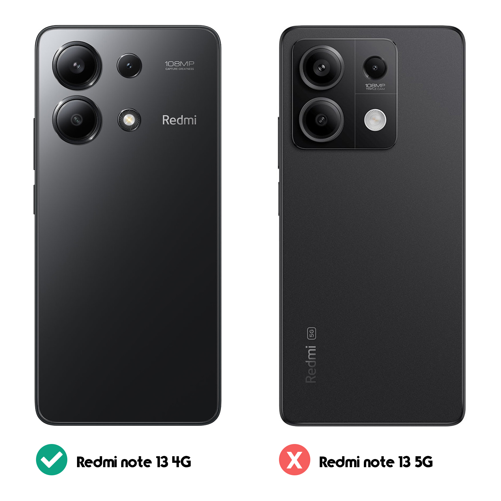 Immagine di due telefoni neri. Uno con Redmi note 13 4G, l'altro 13 5G.