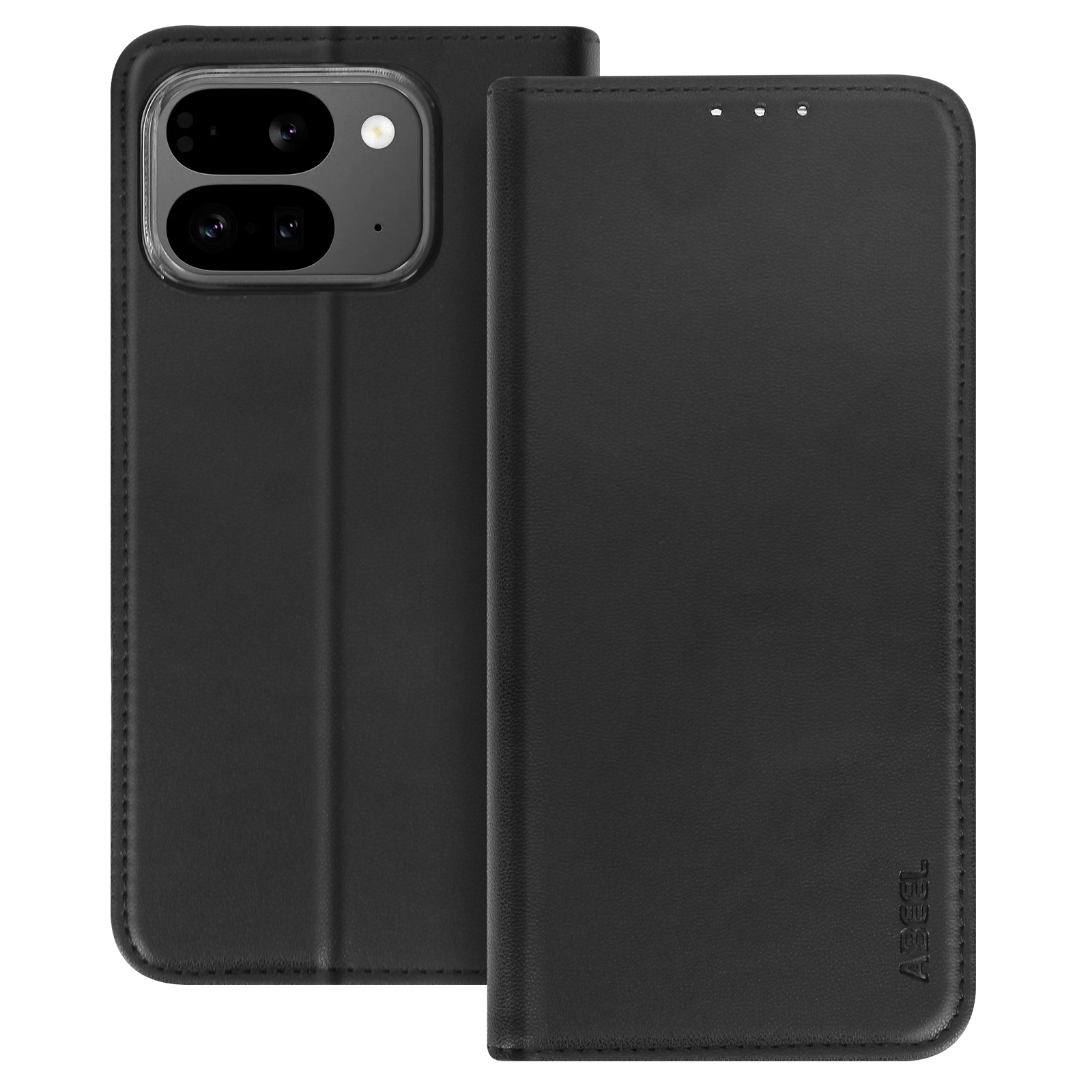 Schwarze Handyhülle geöffnet, zeigt Telefon innen.