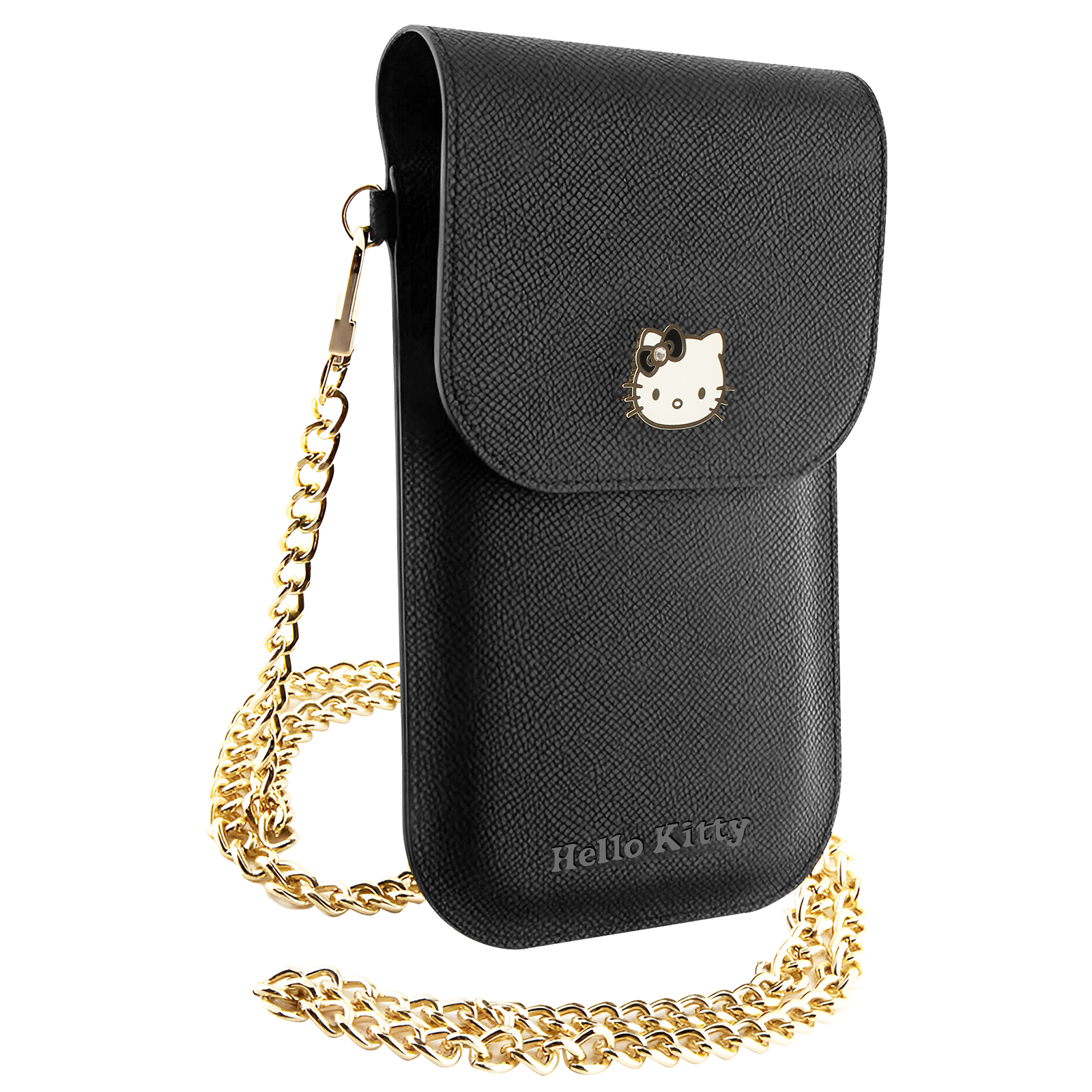 Custodia nera per telefono Hello Kitty con catena dorata. Sfondo bianco. La custodia ha un distintivo di Hello Kitty.