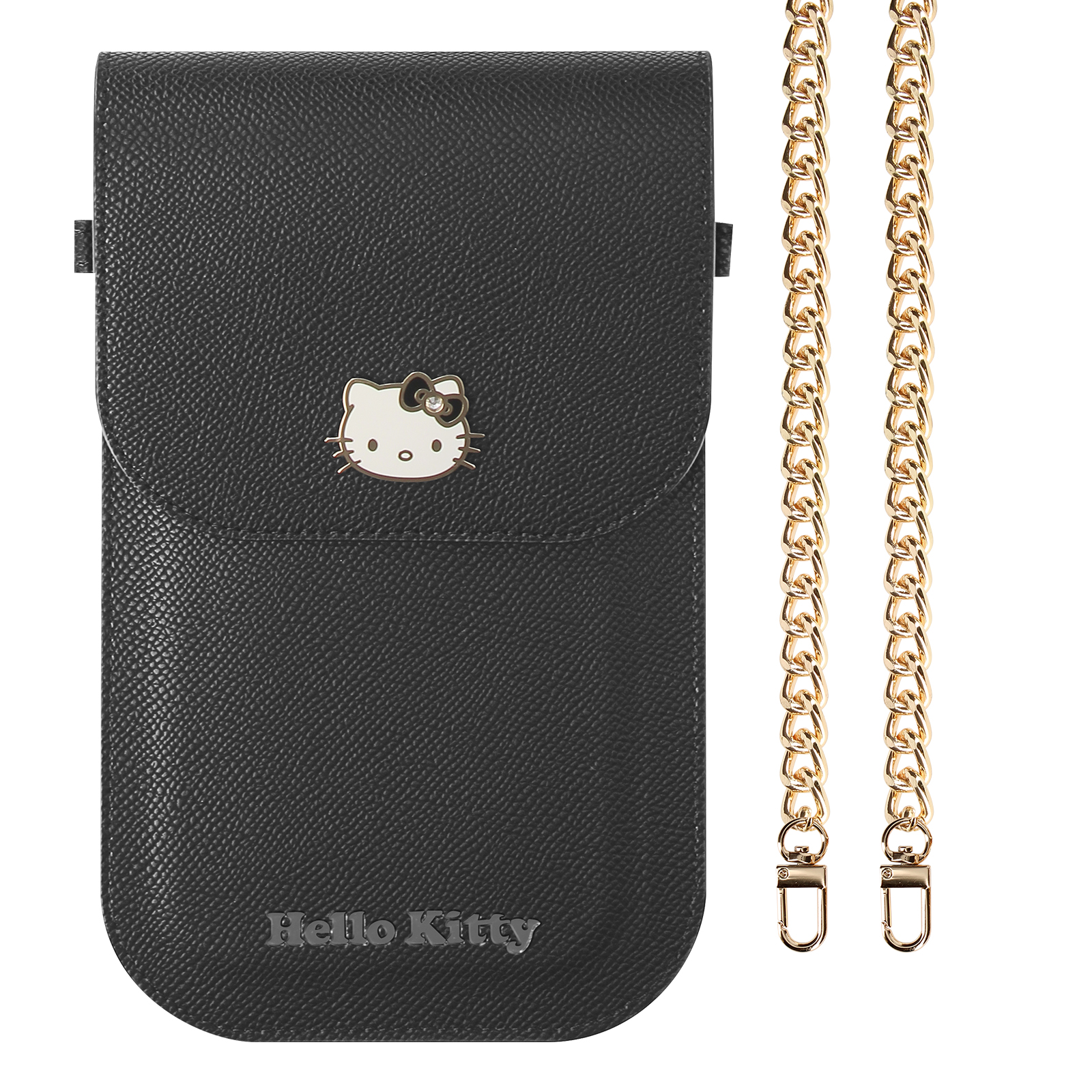 Custodia nera per telefono Hello Kitty e una catena dorata. Sfondo bianco. La custodia ha un logo Hello Kitty.