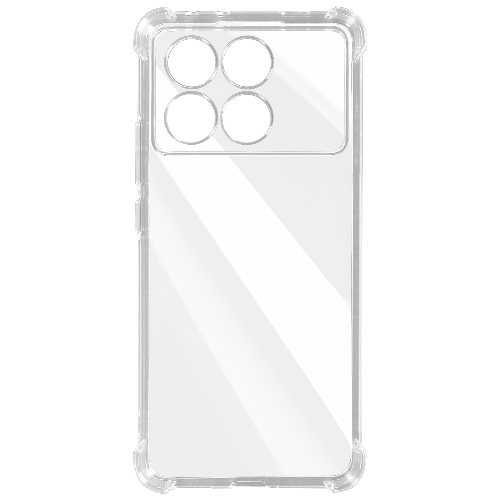 Custodia trasparente per telefono con ritagli per più fotocamere. Sfondo bianco. La custodia è trasparente.