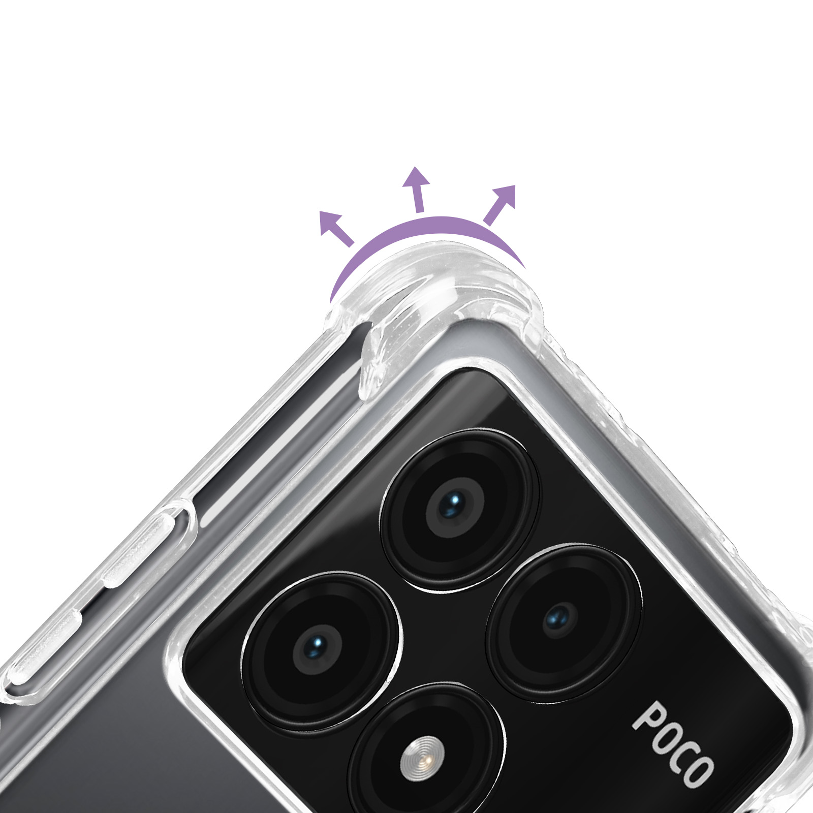 Custodia trasparente su un telefono con marchio POCO e lenti della fotocamera, con frecce.