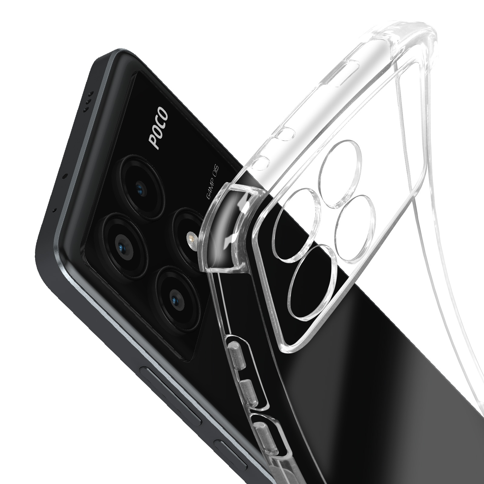 Una custodia trasparente su un telefono che mostra il marchio POCO e gli obiettivi della fotocamera.
