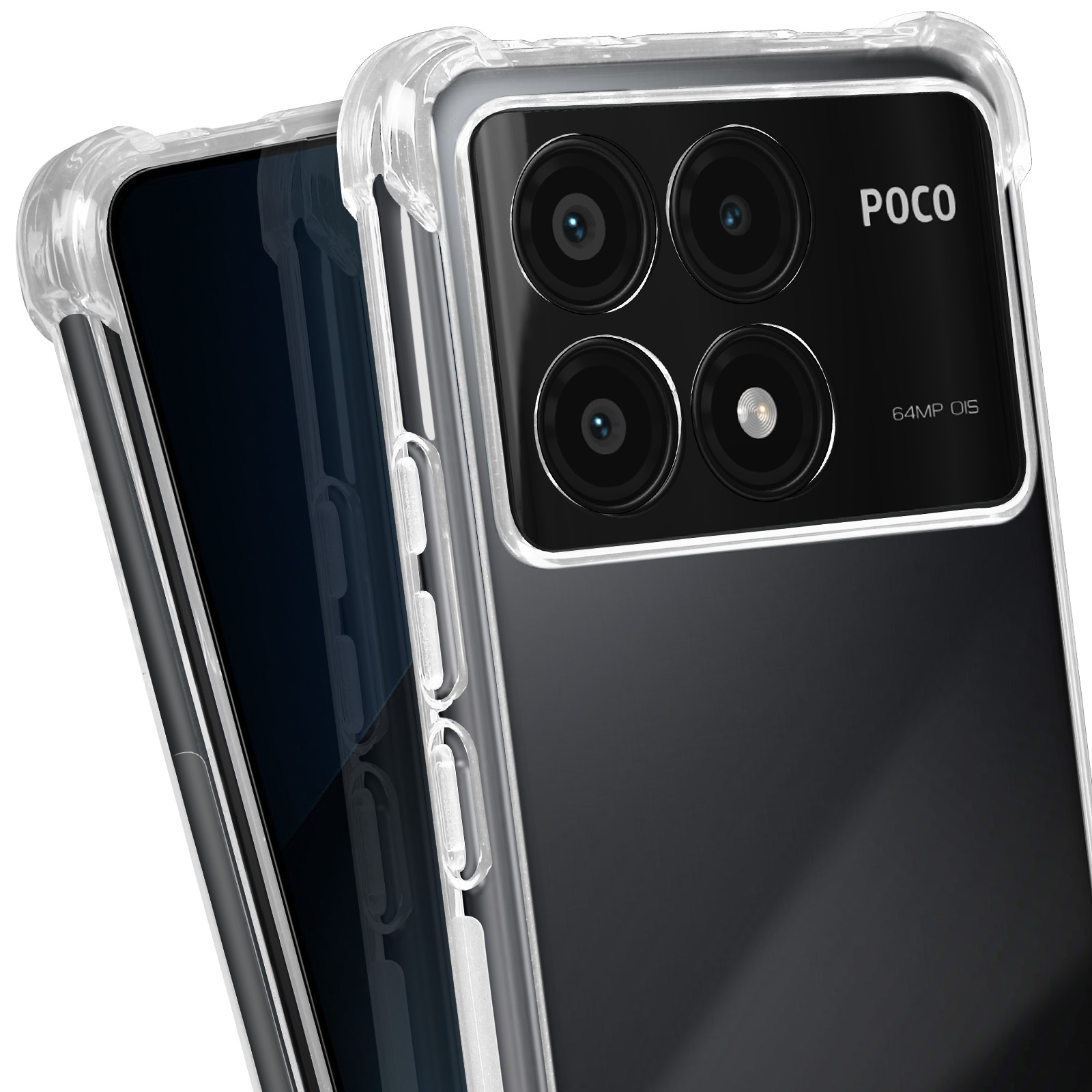 Telefono in una custodia trasparente. Ha quattro obiettivi e il marchio 'POCO' è visibile.