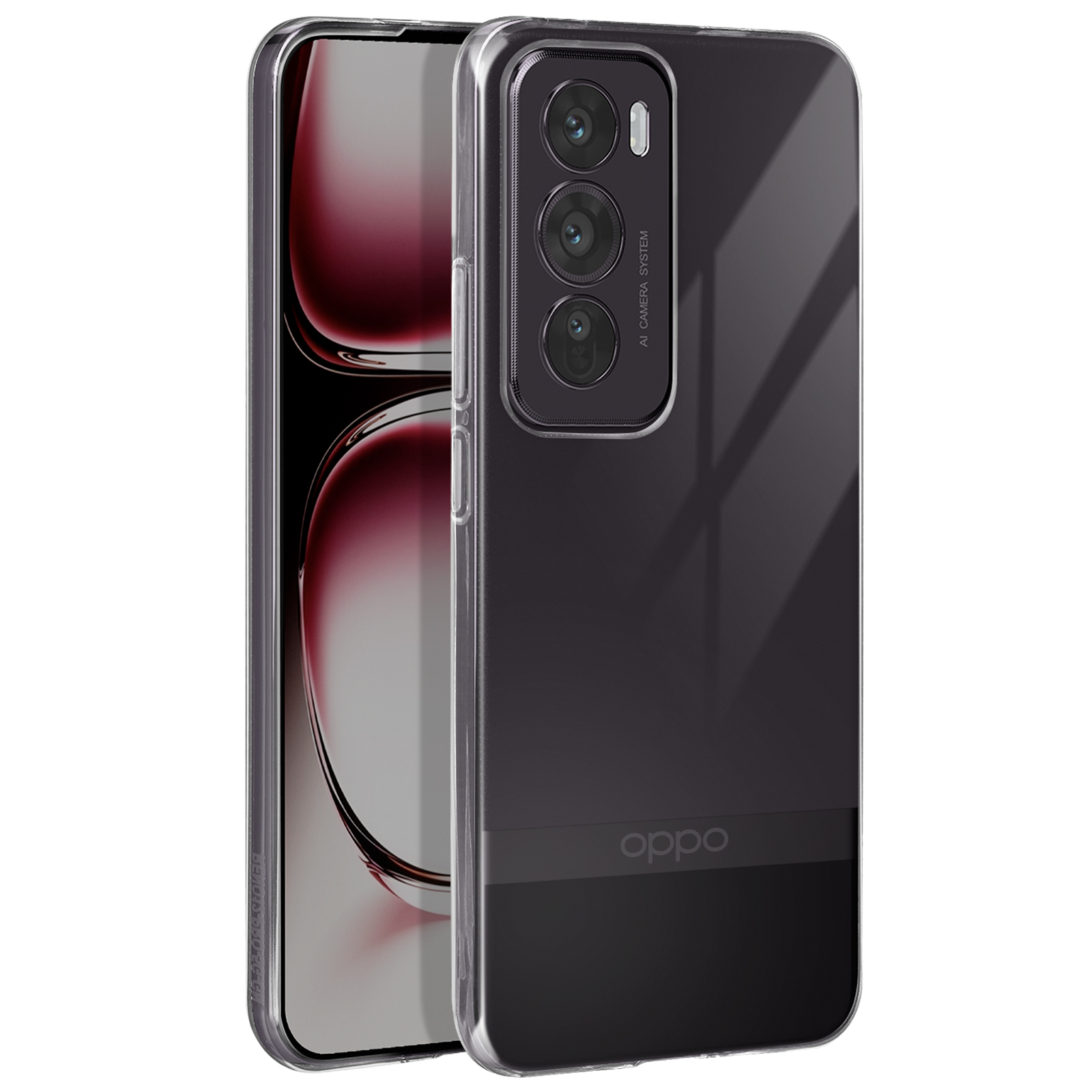 Telefono in una custodia trasparente. Il retro del telefono è nero e presenta il marchio Oppo.
