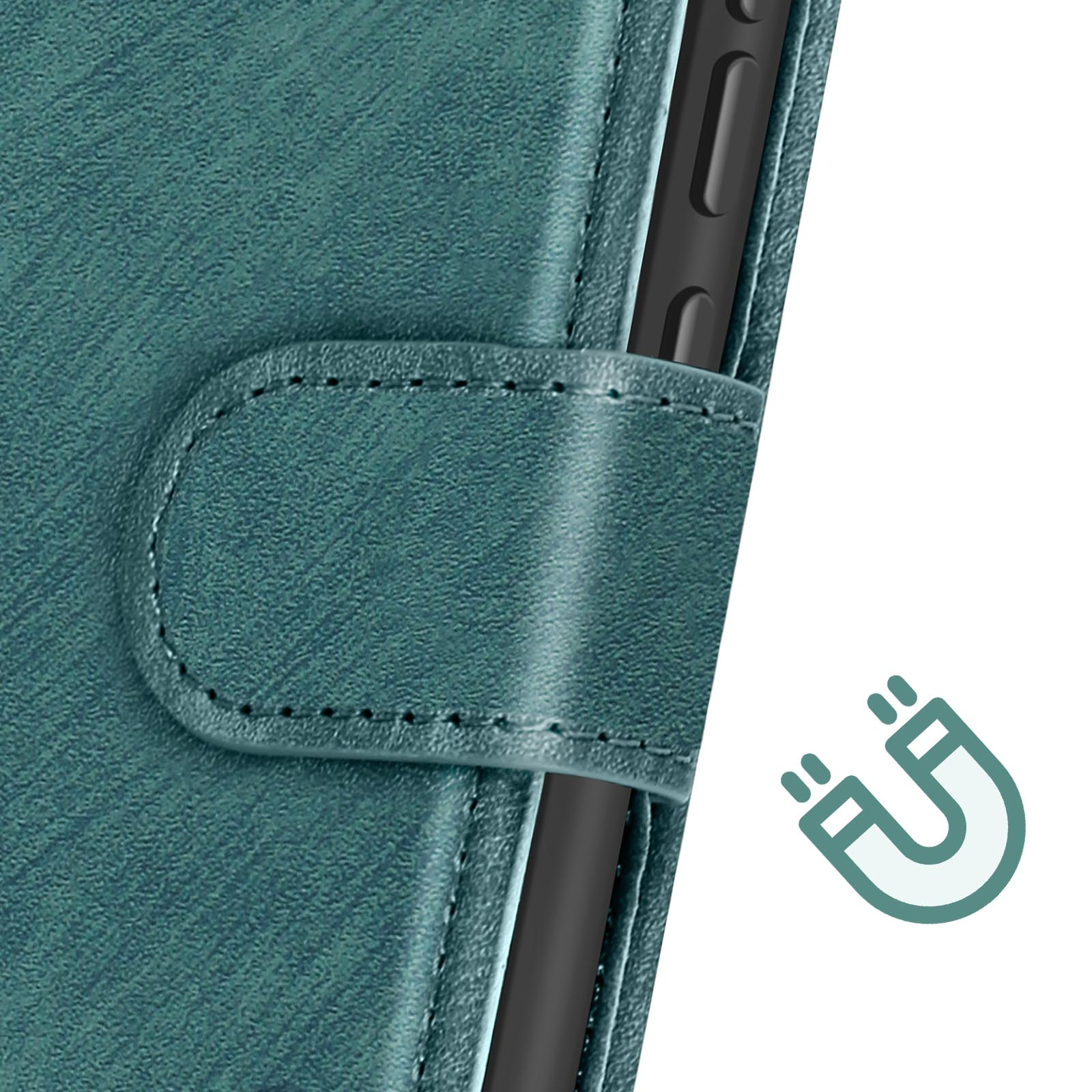 Custodia verde per telefono con chiusura magnetica. Viene mostrato un magnete a forma di U.