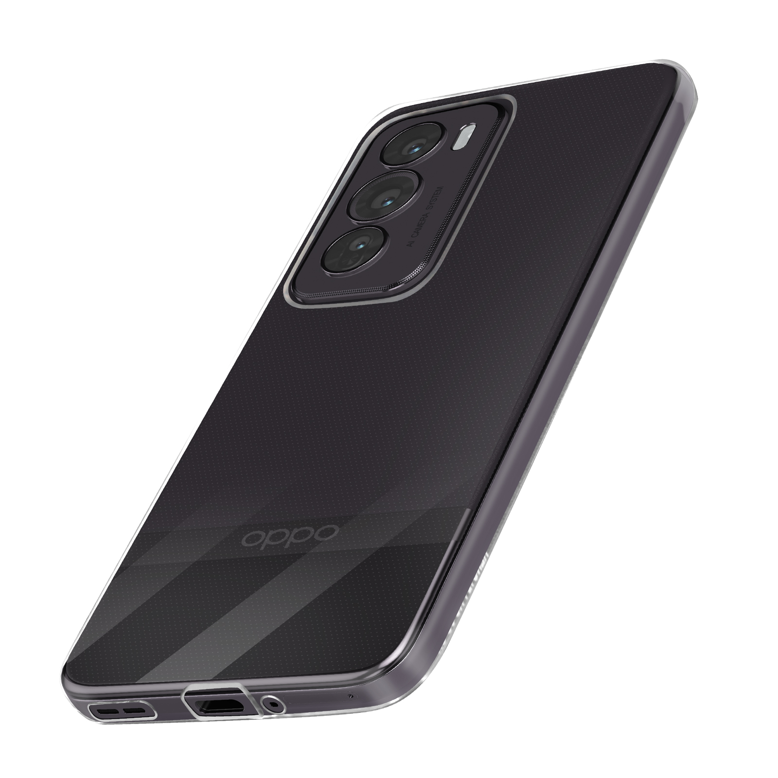 Telefono nero con custodia trasparente, il retro presenta il marchio Oppo e tre obiettivi.