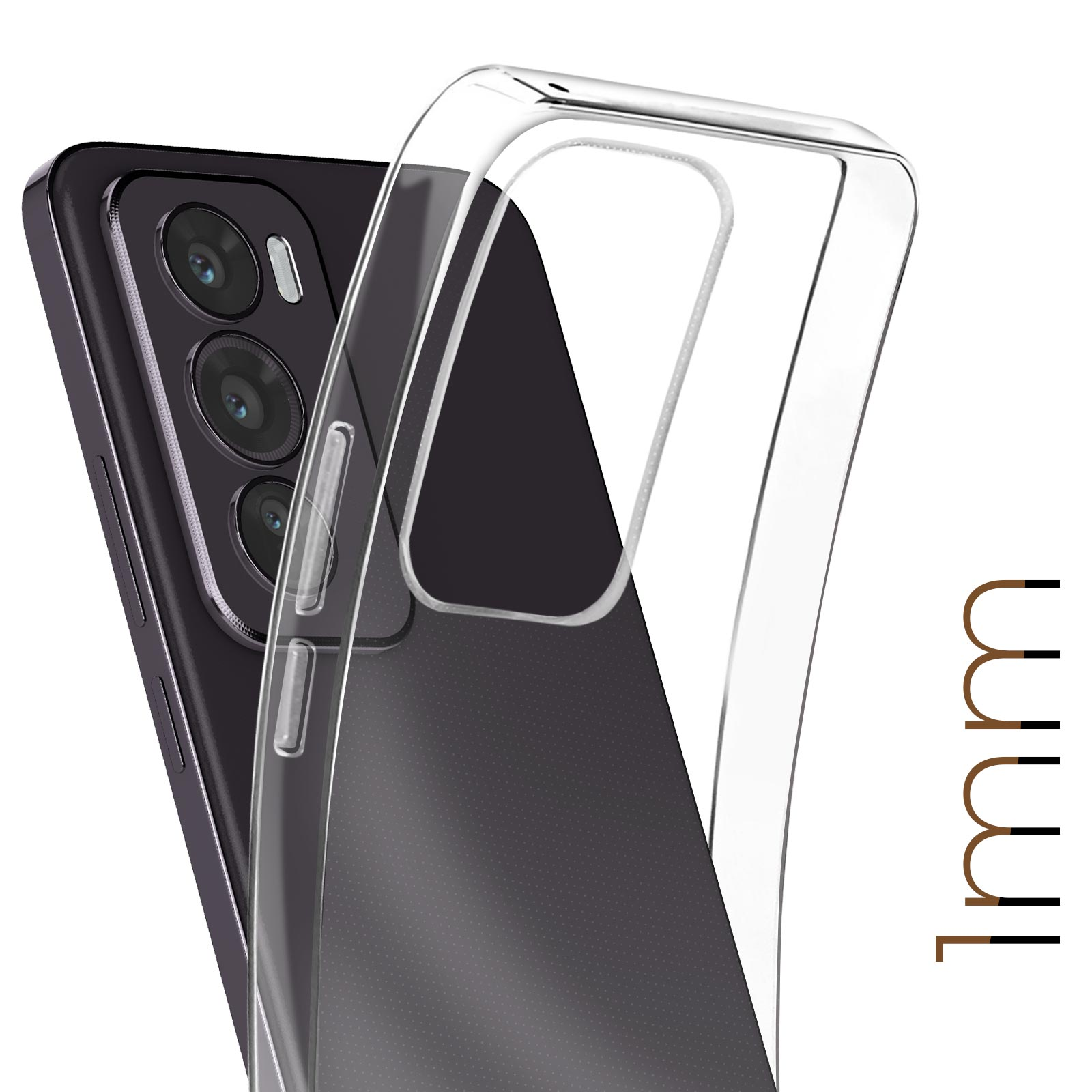 Telefono con custodia trasparente. Il telefono ha tre obiettivi. La custodia è spessa 1 mm.