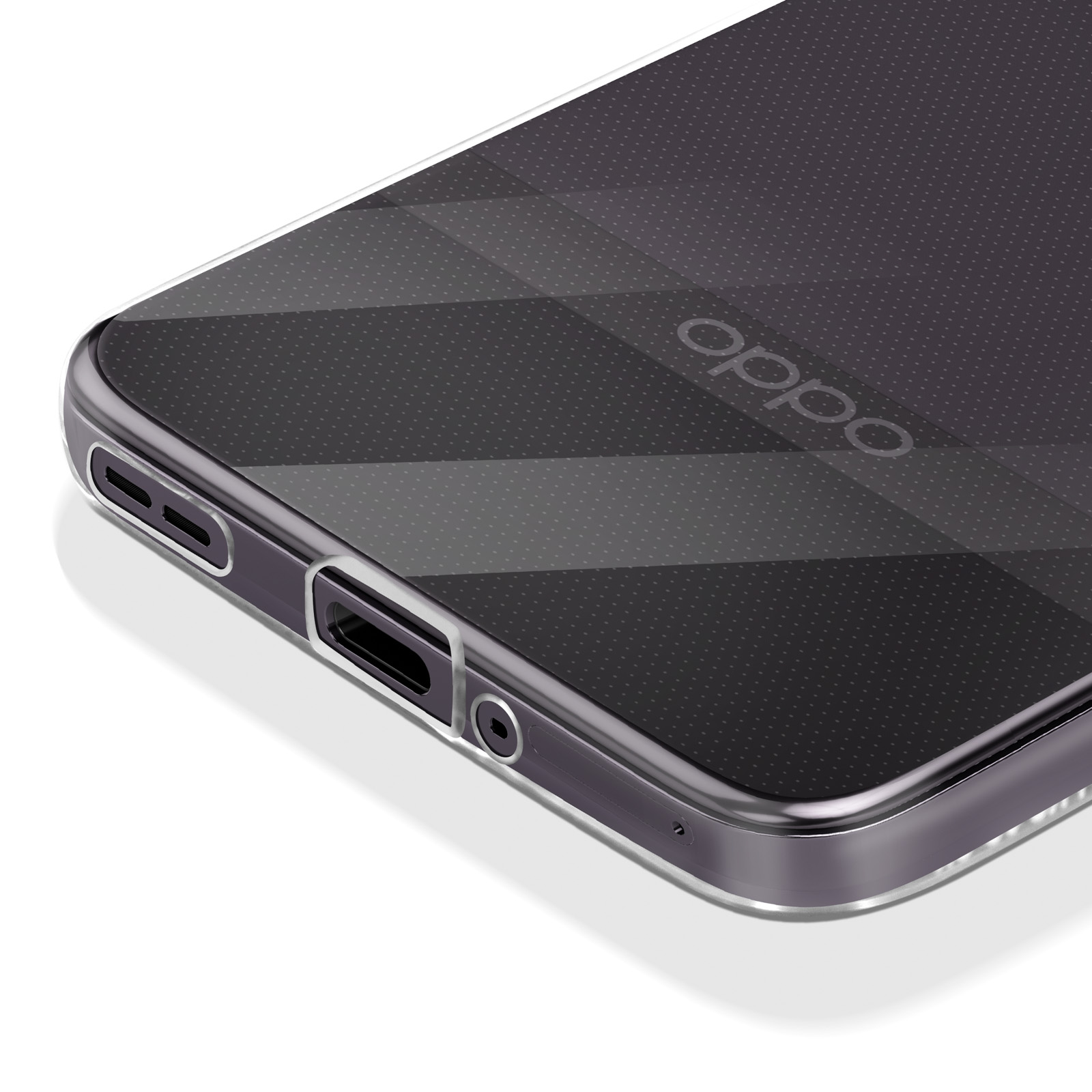 Custodia trasparente per telefono su sfondo scuro a motivi. Il logo OPPO è visibile.