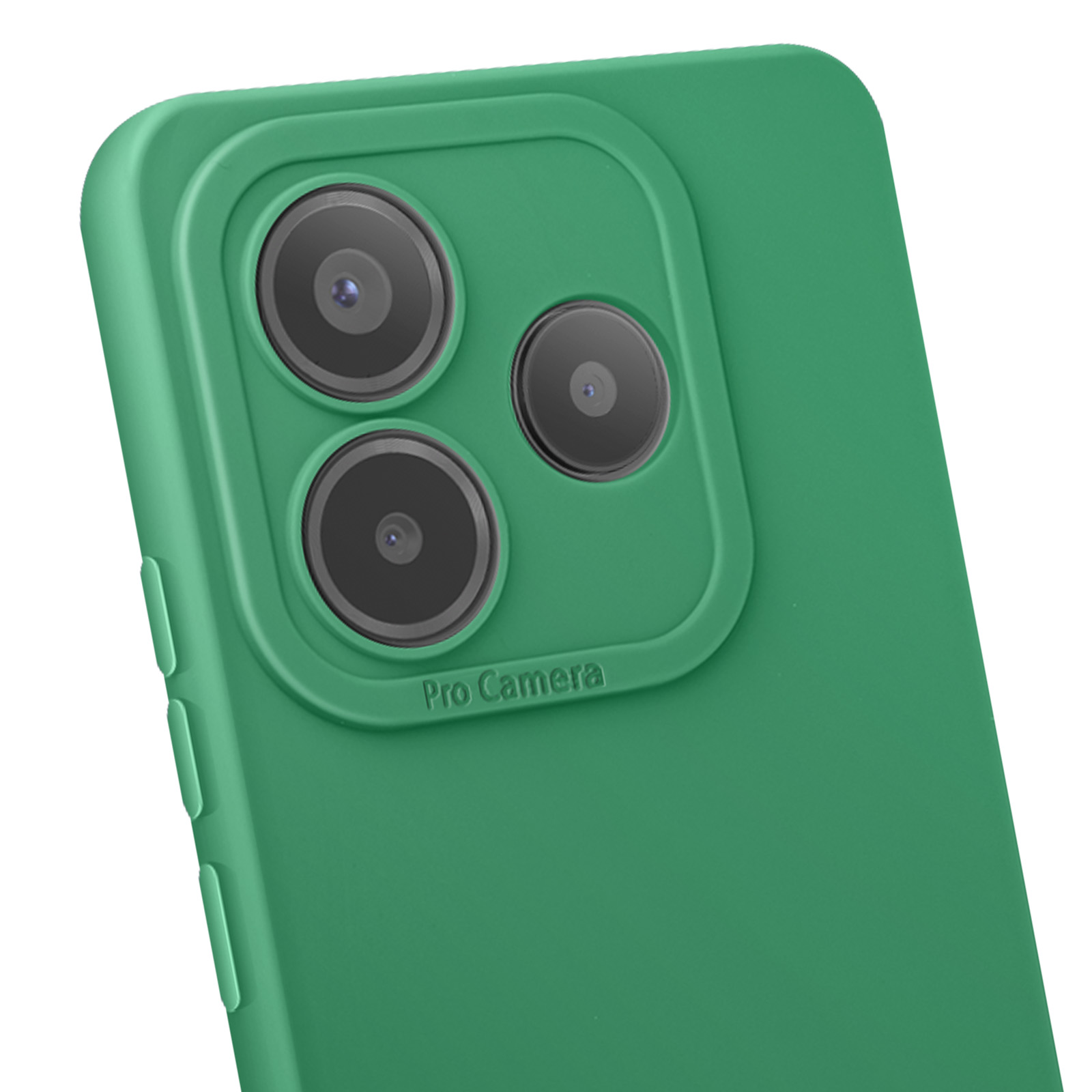Custodia verde per telefono con tre obiettivi e la scritta 'Pro Camera'.