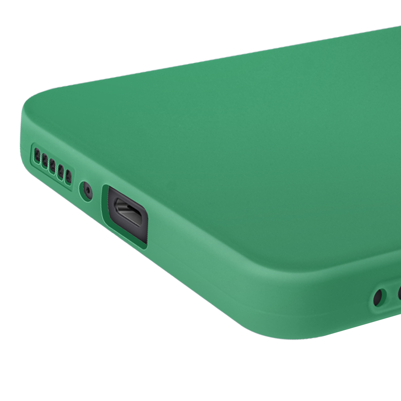 Primo piano di una custodia verde per telefono, che mostra la parte inferiore con porte e fori.