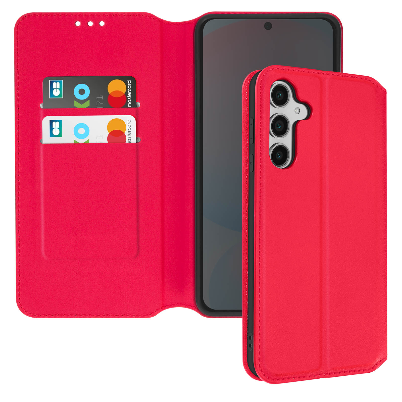 Custodia rossa per telefono, aperta, con carte all'interno. Telefono nero all'interno della custodia.