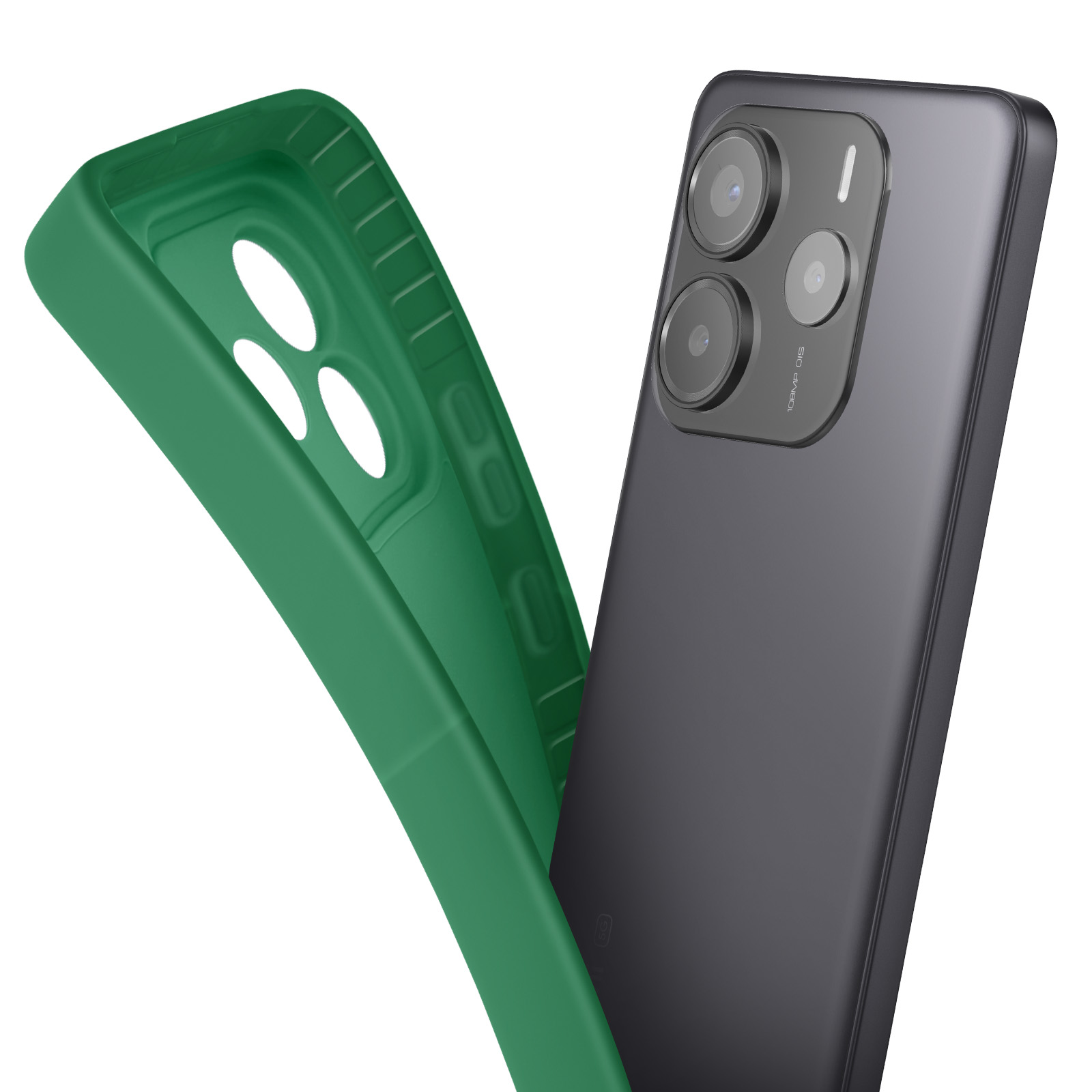 Custodia verde per telefono rimossa da un telefono. Il retro del telefono è visibile.