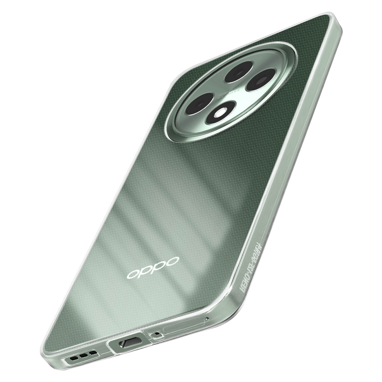 Custodia verde per telefono. Lente della fotocamera e logo Oppo visibili. Design chiaro, trasparente ed elegante.