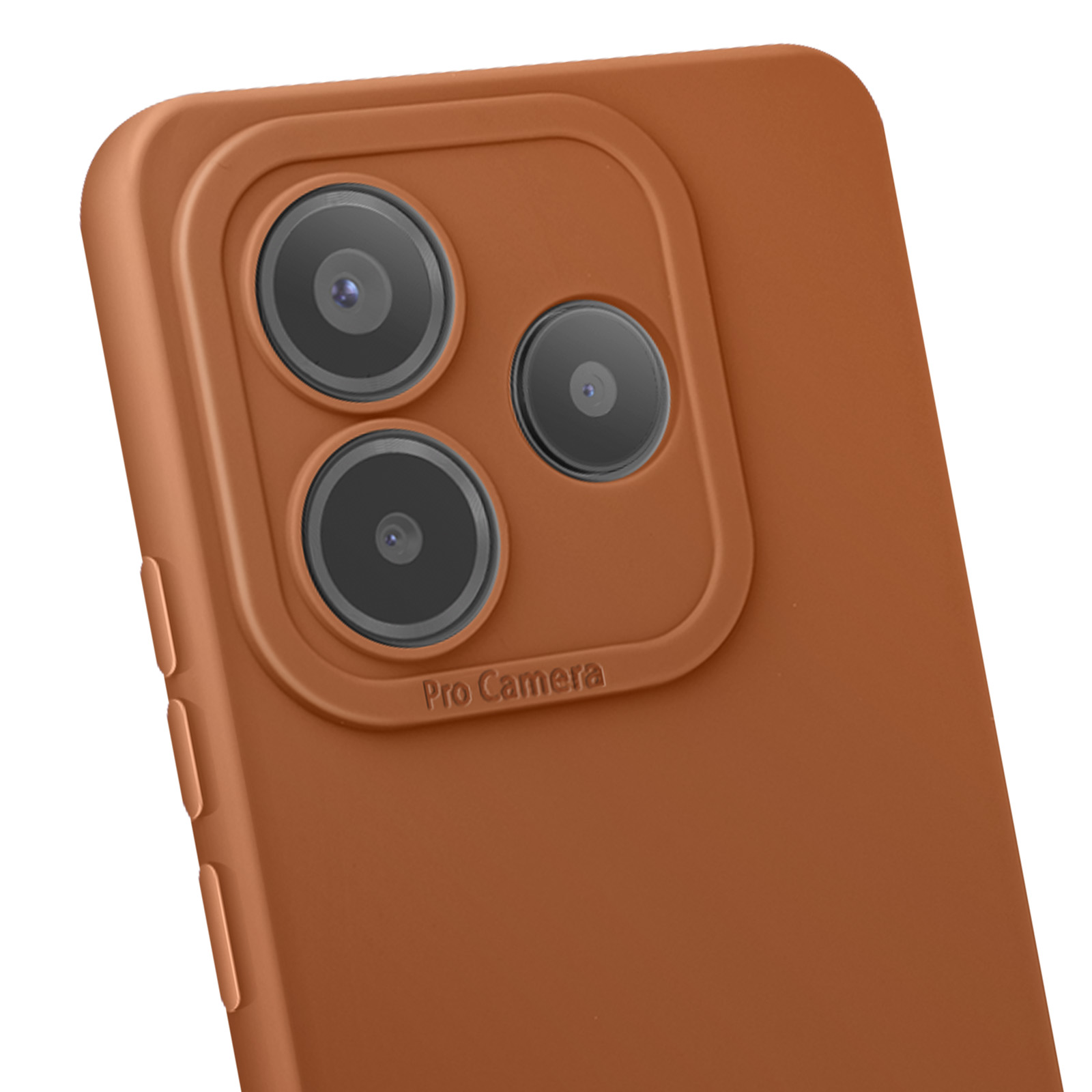 Primo piano di una custodia arancione per telefono, con i ritagli per la fotocamera. Le parole 'Pro Camera' sono visibili.