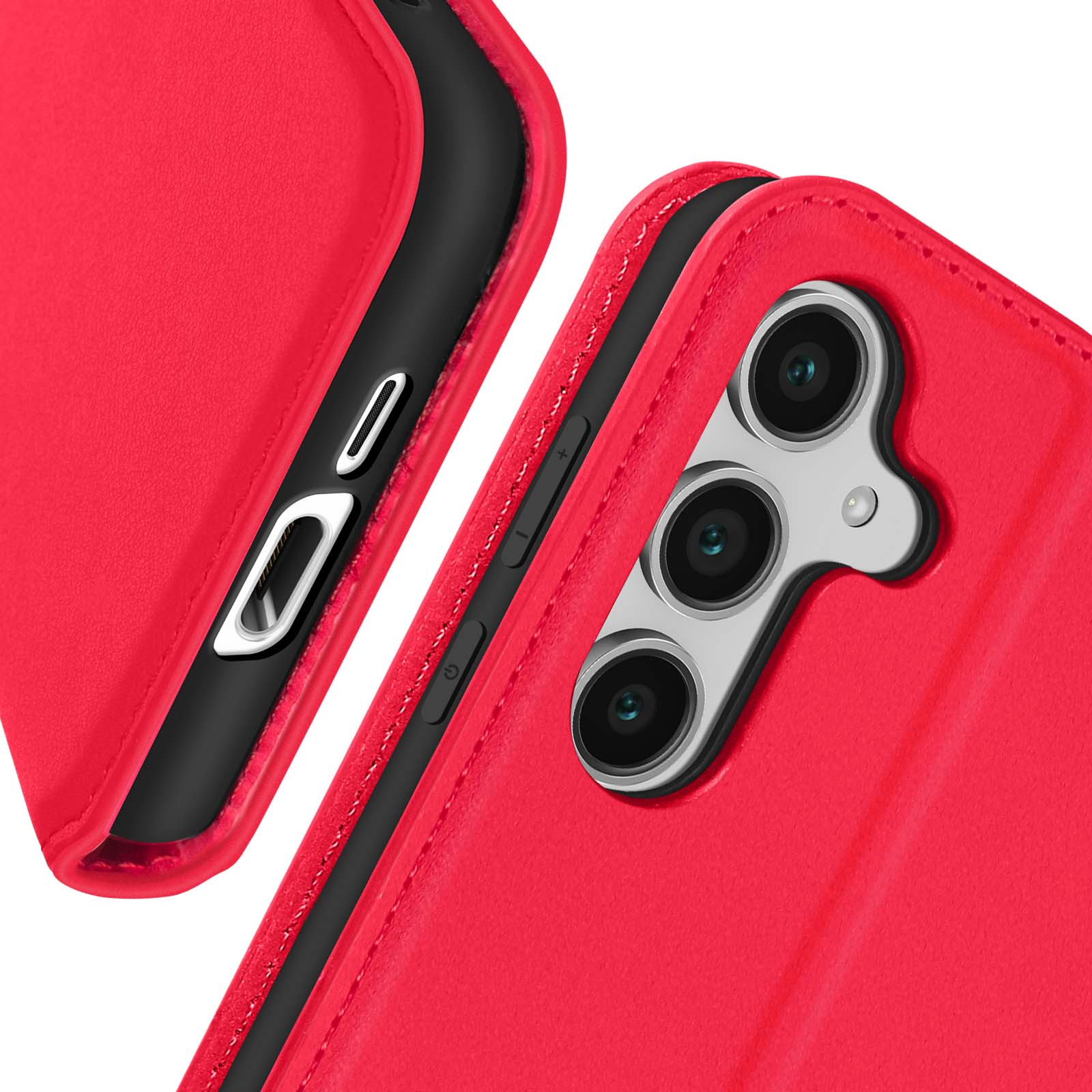 Custodia rossa per telefono parzialmente aperta. Obiettivi della fotocamera e pulsanti del volume visibili.
