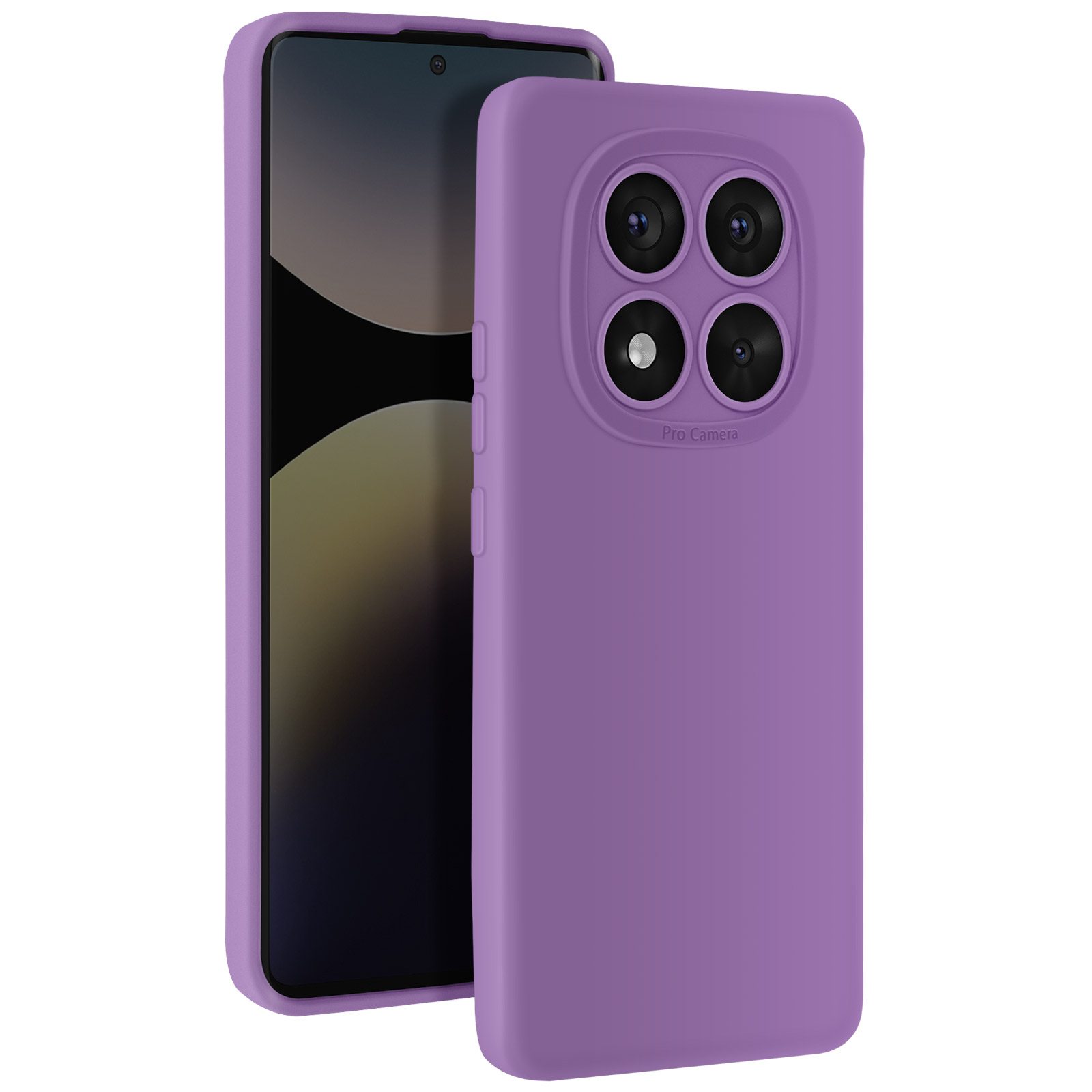 Custodia per telefono viola con telefono. Obiettivi della fotocamera visibili. Sfondo bianco.
