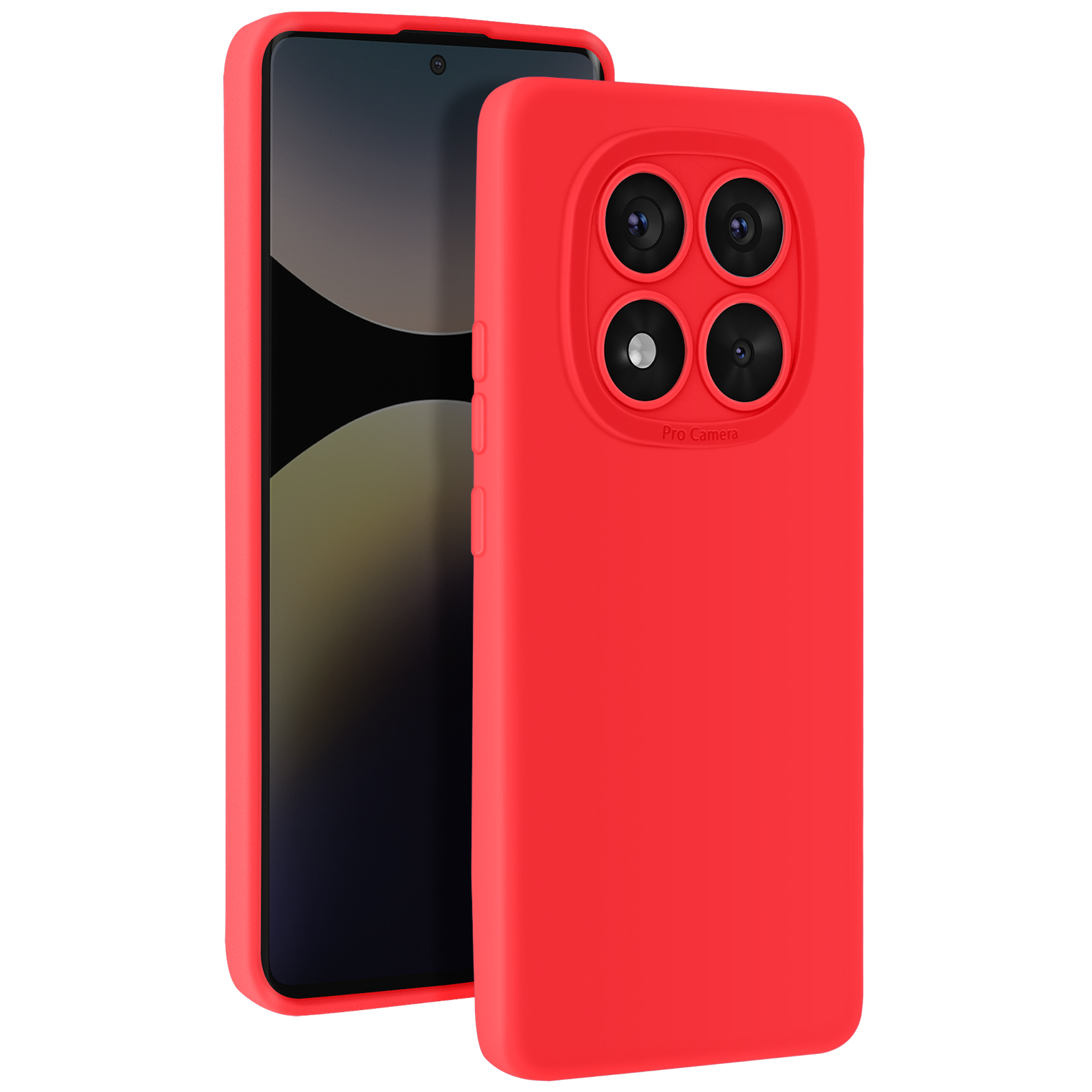 Custodia rossa per telefono con quattro fotocamere sul retro.