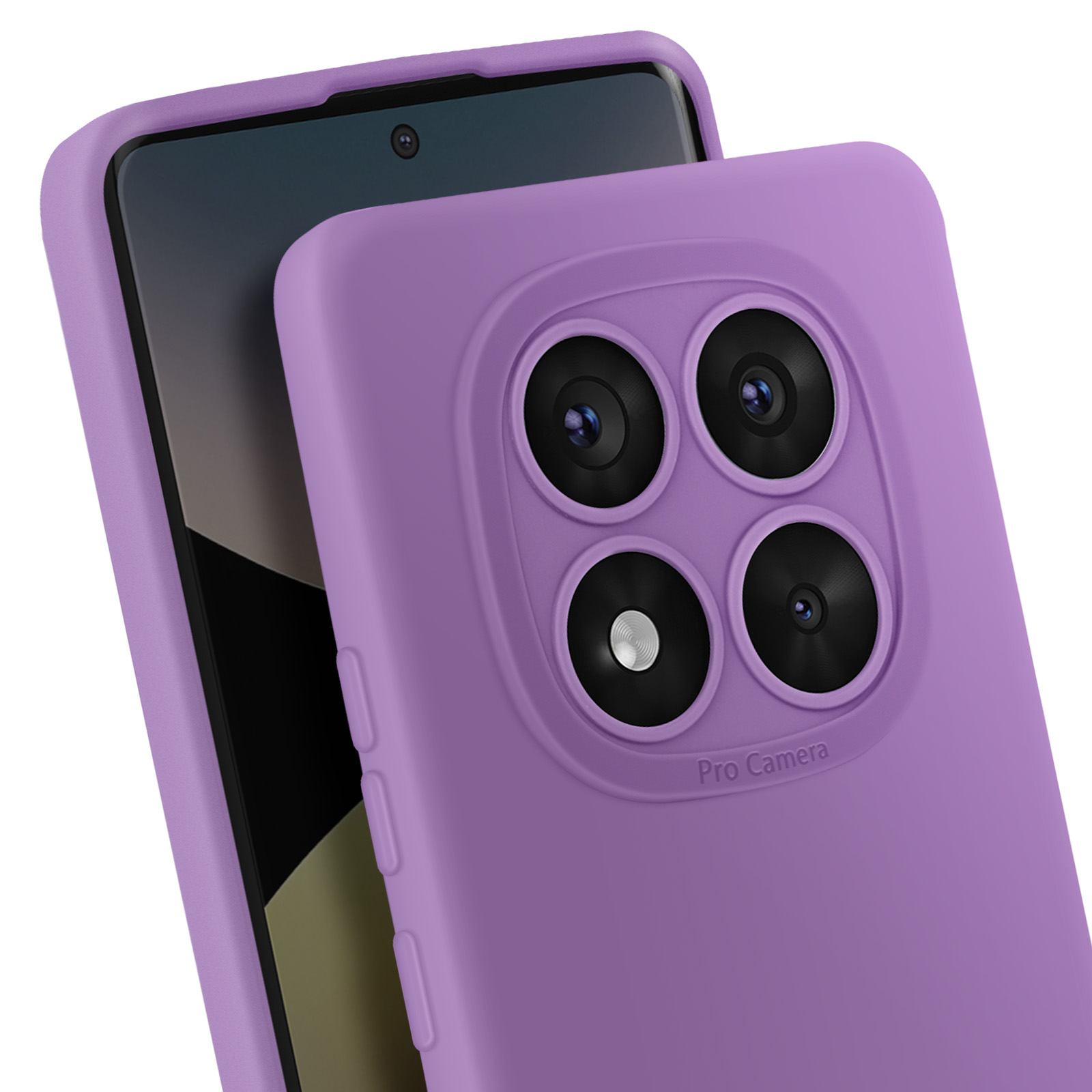 Custodia viola su un telefono. Mostra lenti della fotocamera e schermo del telefono.