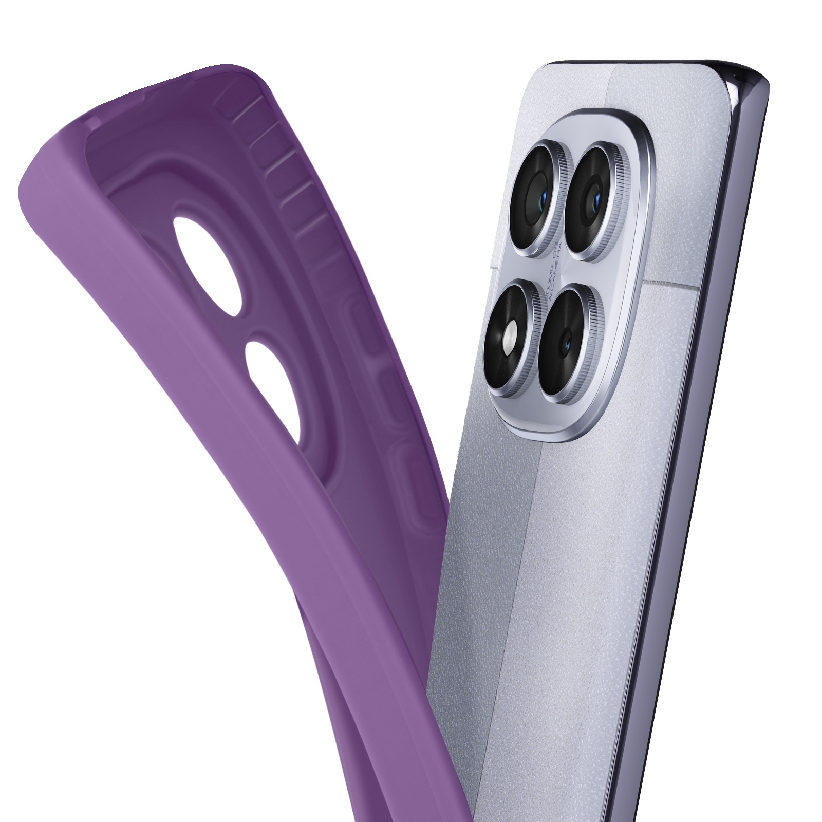 Una custodia per telefono viola viene rimossa da un telefono. Obiettivi della fotocamera argentati visibili. Sfondo bianco.