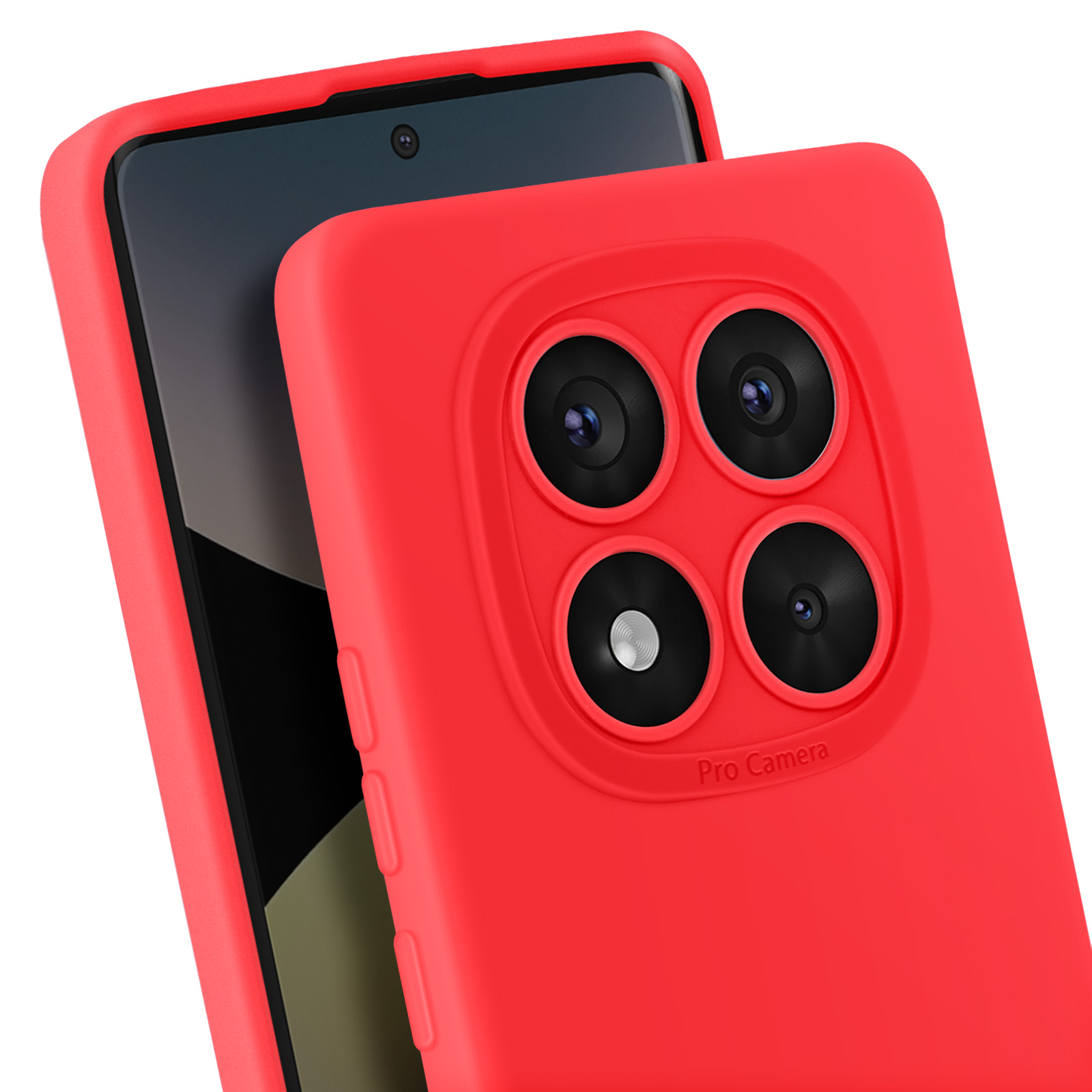 Custodia rossa su un telefono. Mostra lenti della fotocamera e schermo del telefono.