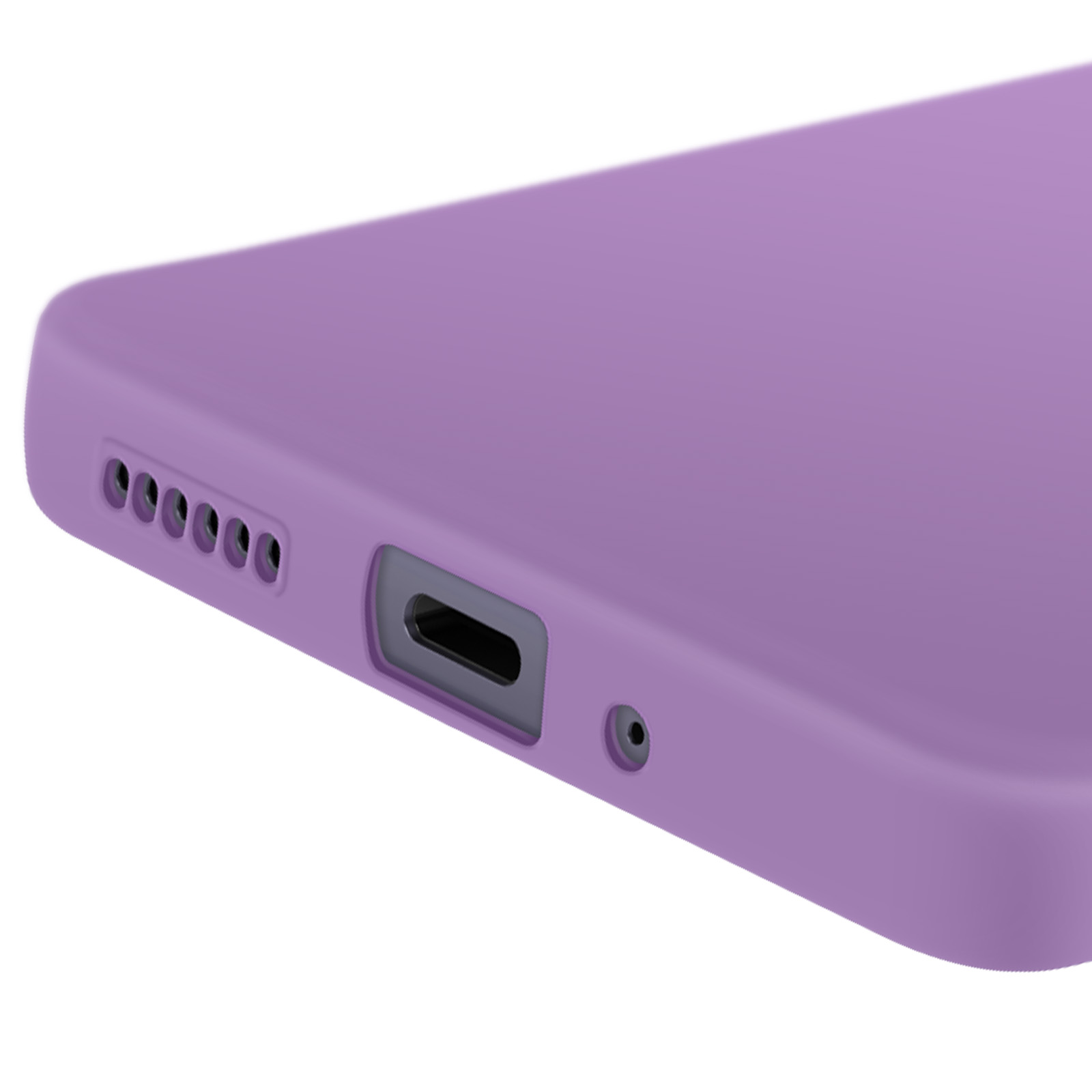 Primo piano di una custodia per telefono viola, che mostra la porta di ricarica, i fori degli altoparlanti e un piccolo foro.