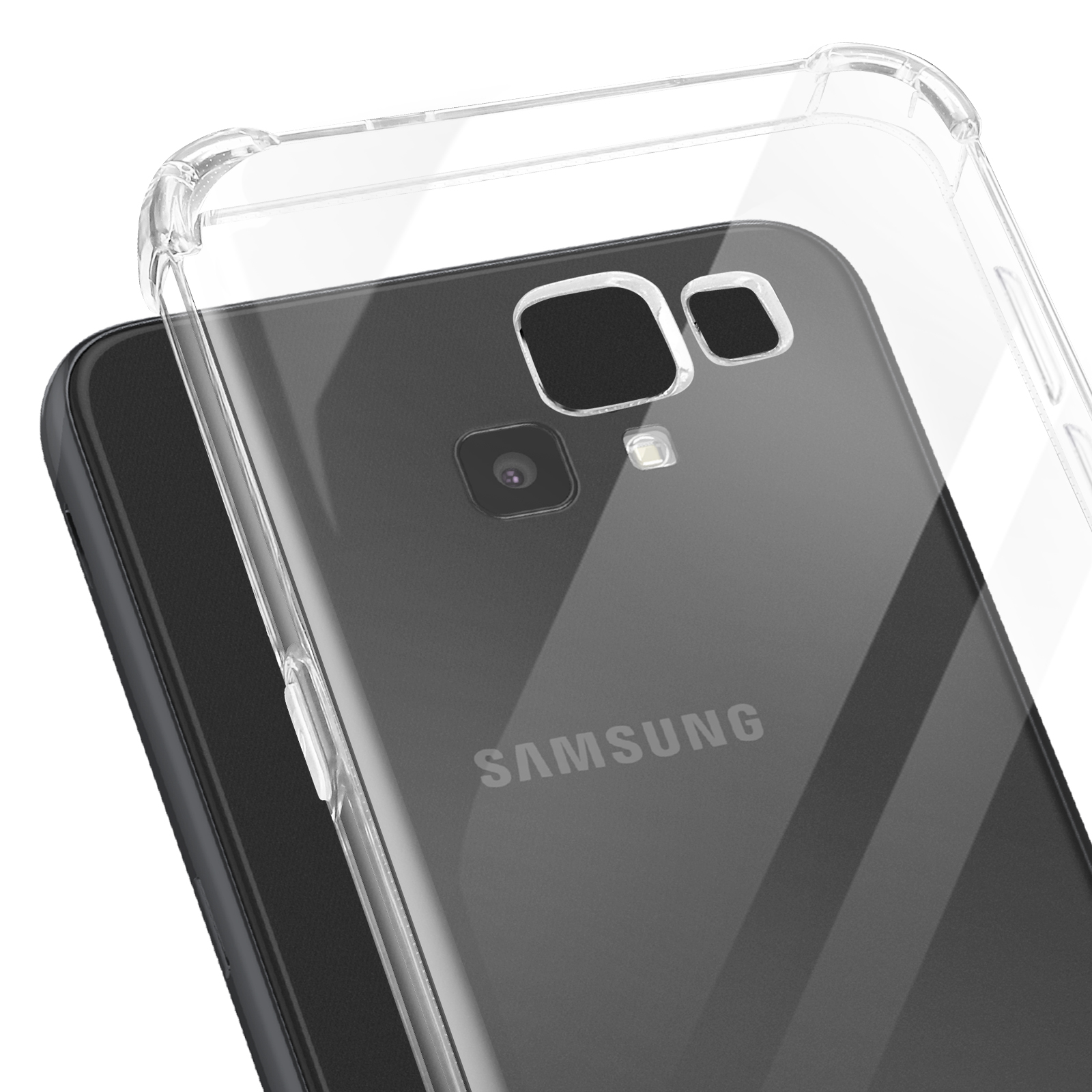Custodia trasparente su un telefono. Mostra il retro del telefono con il logo Samsung.