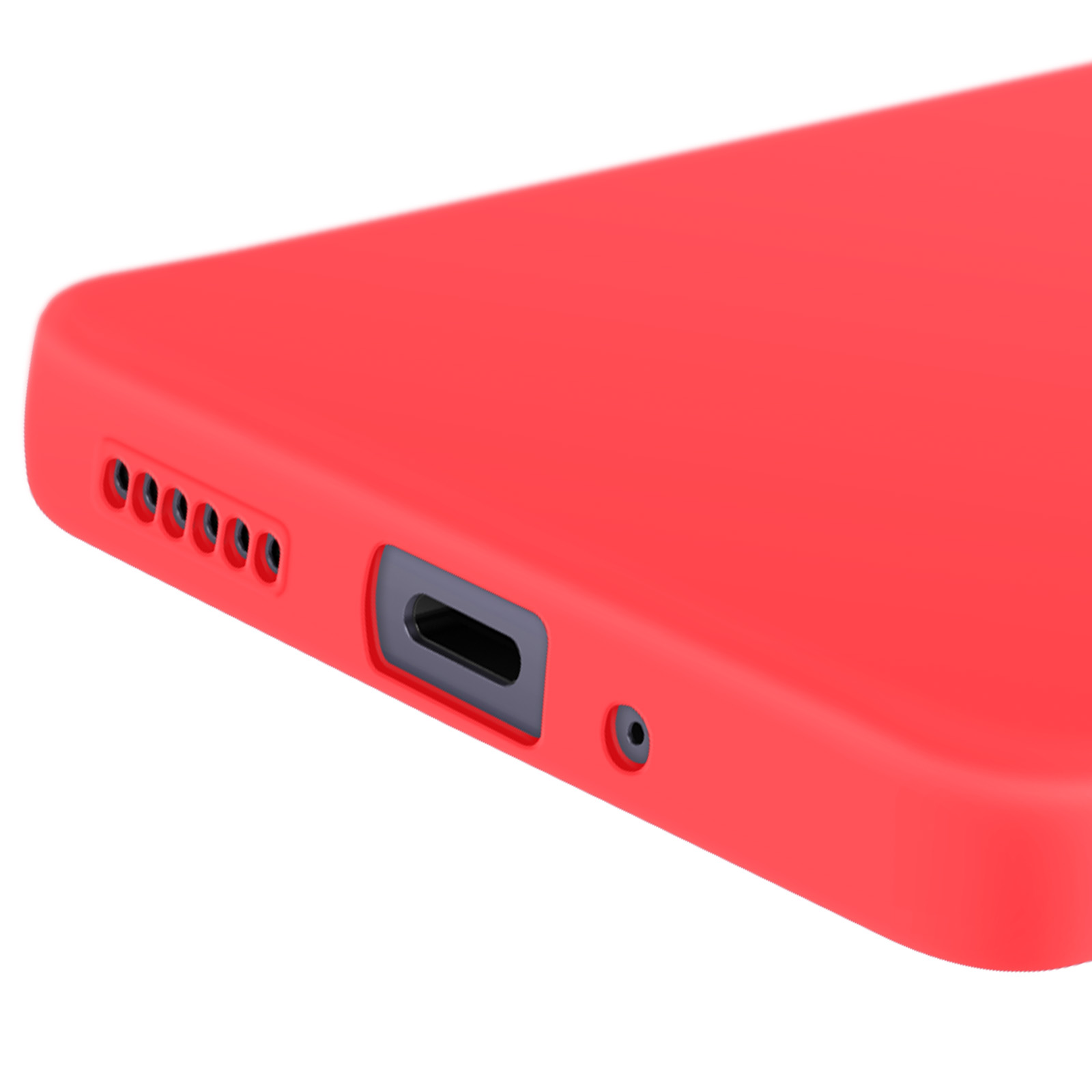 Primo piano di una custodia per telefono rossa, che mostra la porta di ricarica, i fori degli altoparlanti e un piccolo foro.