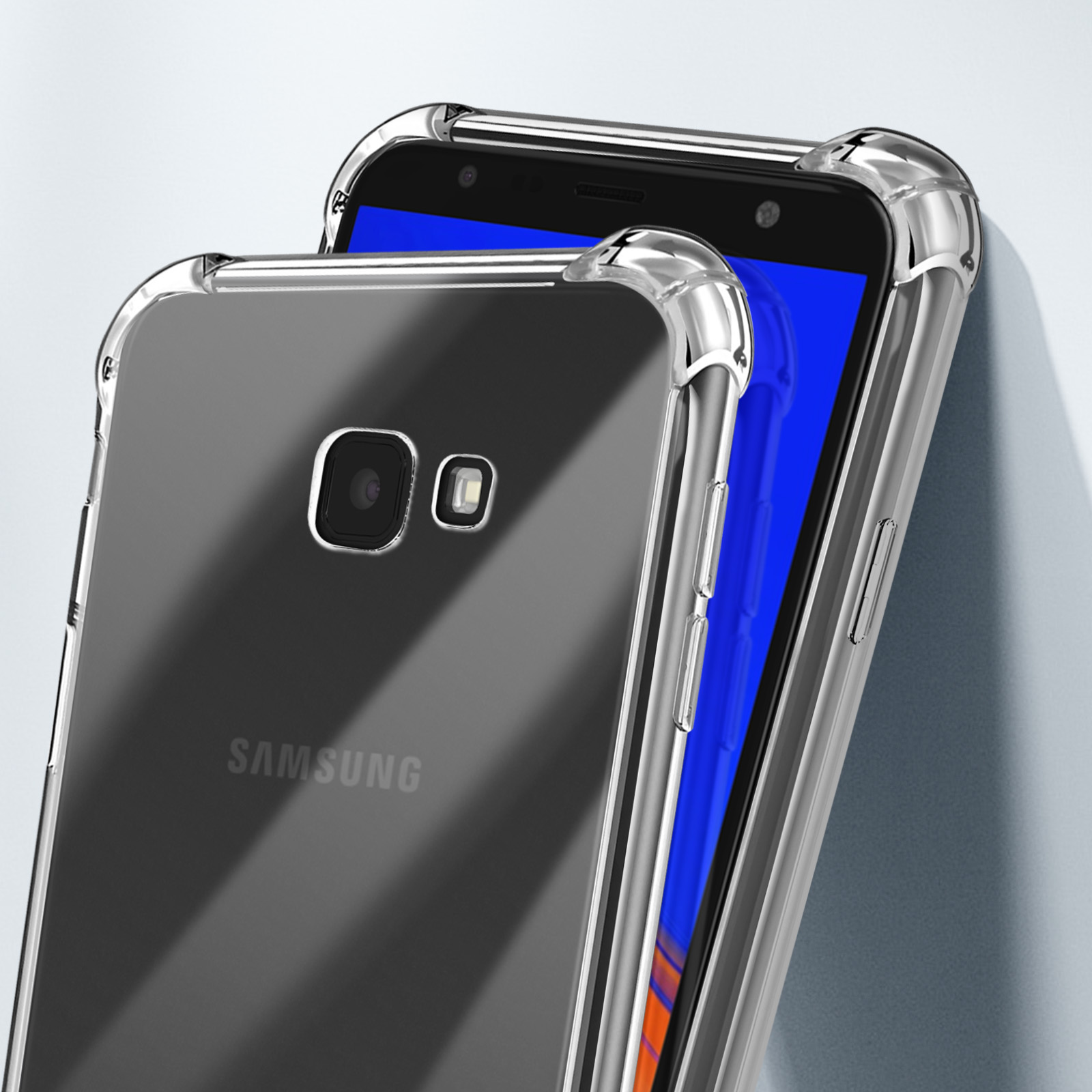 Custodia trasparente per telefono su un telefono Samsung. Angoli rinforzati.