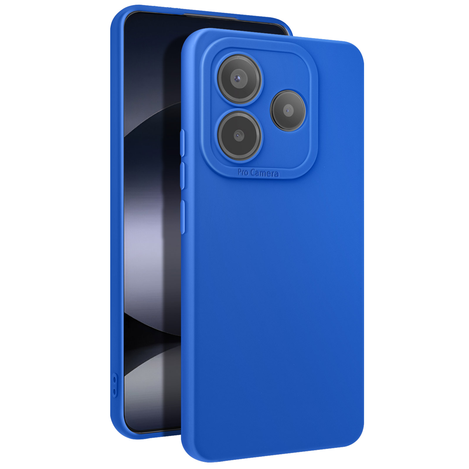 Custodia per telefono blu con telefono dentro. Obiettivi della fotocamera visibili. Etichetta Pro Camera.