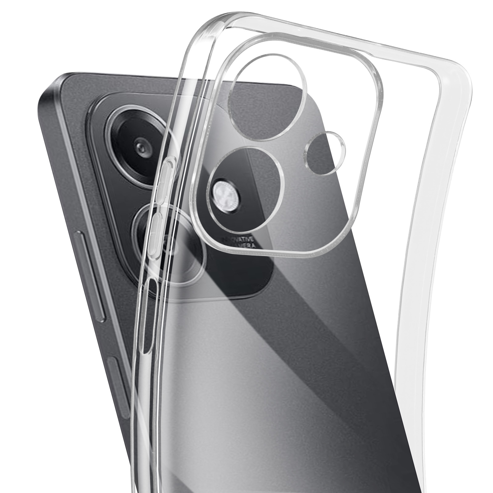 Transparente Handyhülle über Telefon. Zeigt die Rückseite mit Kameralinsen.