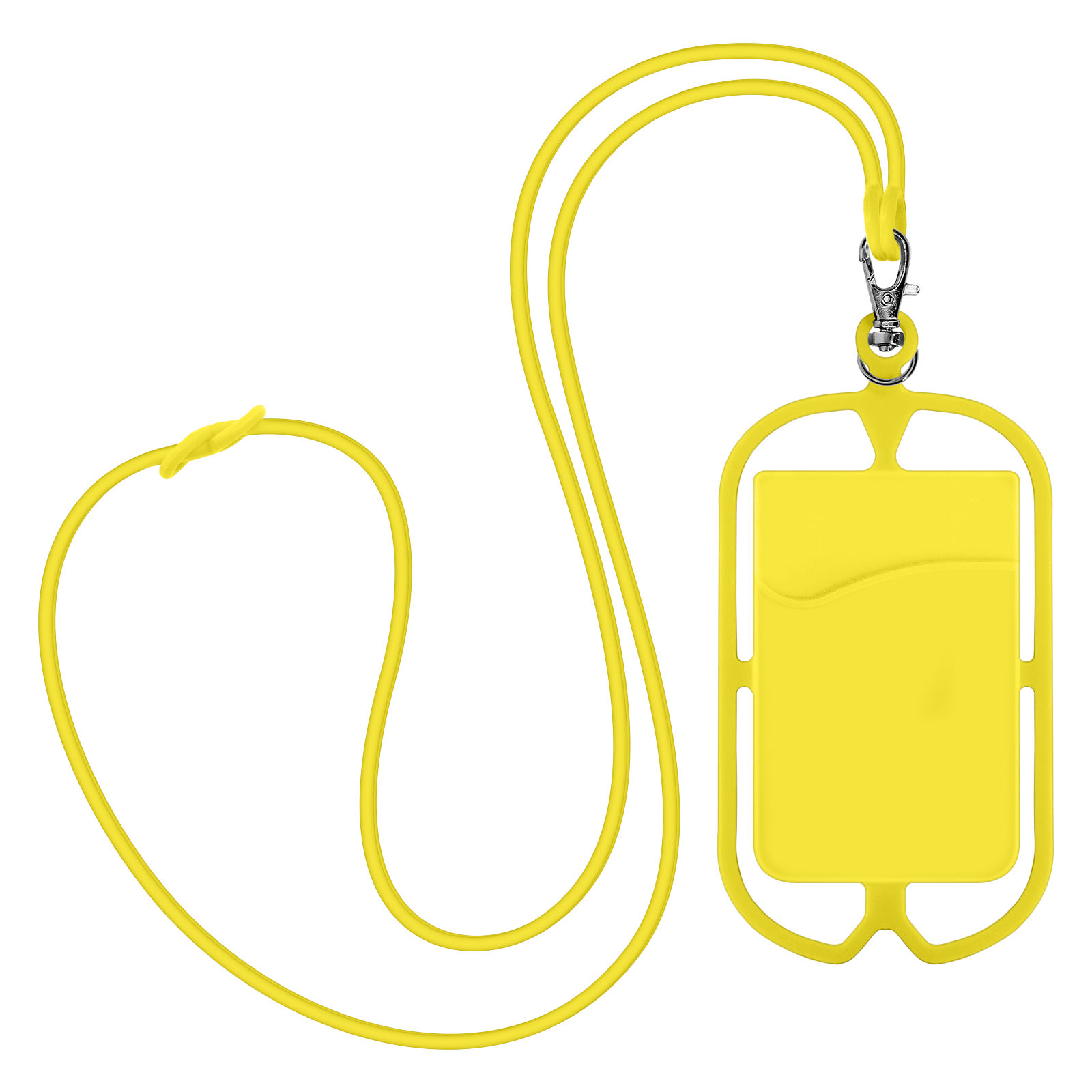 Supporto per telefono giallo con cordino. Il supporto ha una tasca.