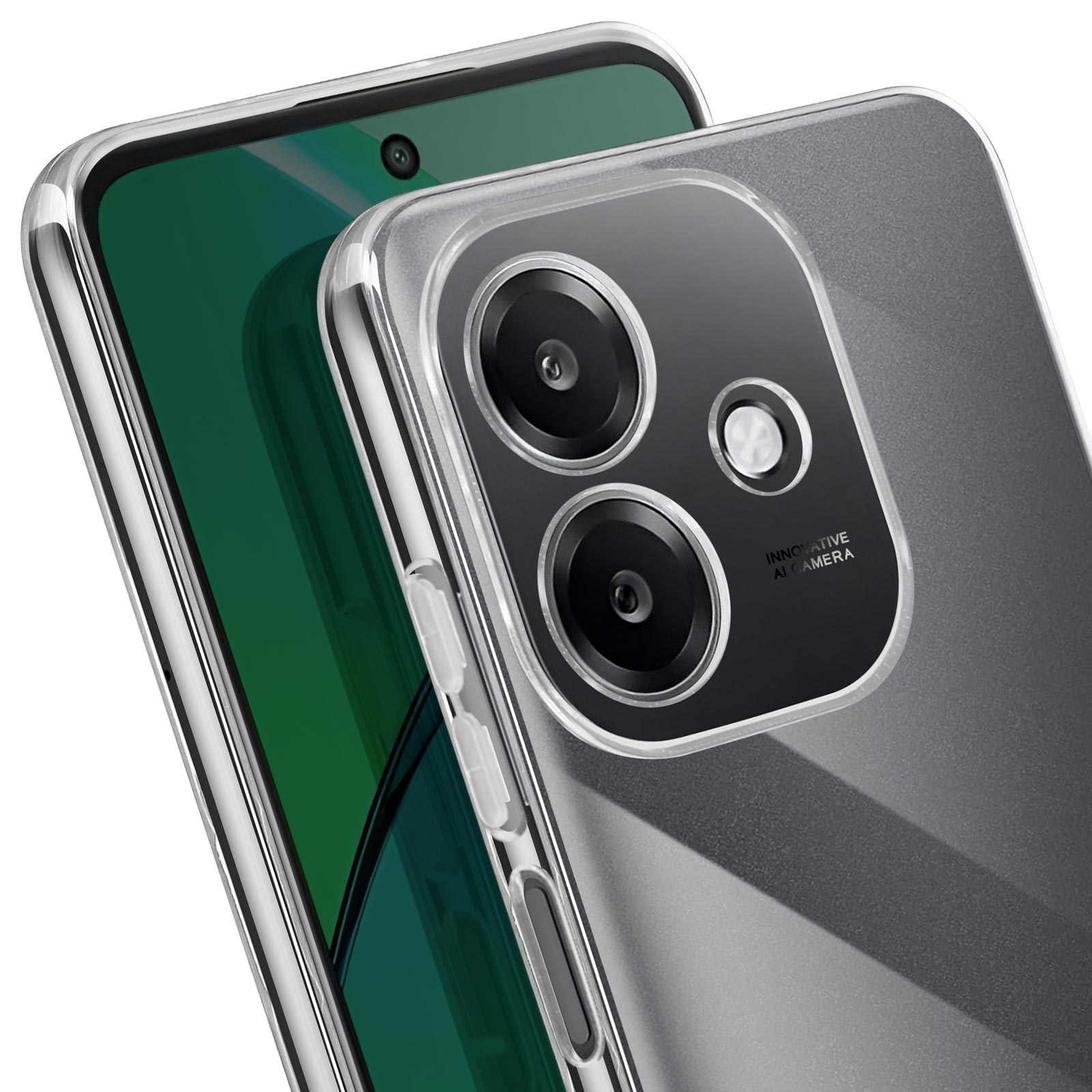 Transparente Handyhülle. Zeigt das Telefon mit Kamera und Bildschirm.