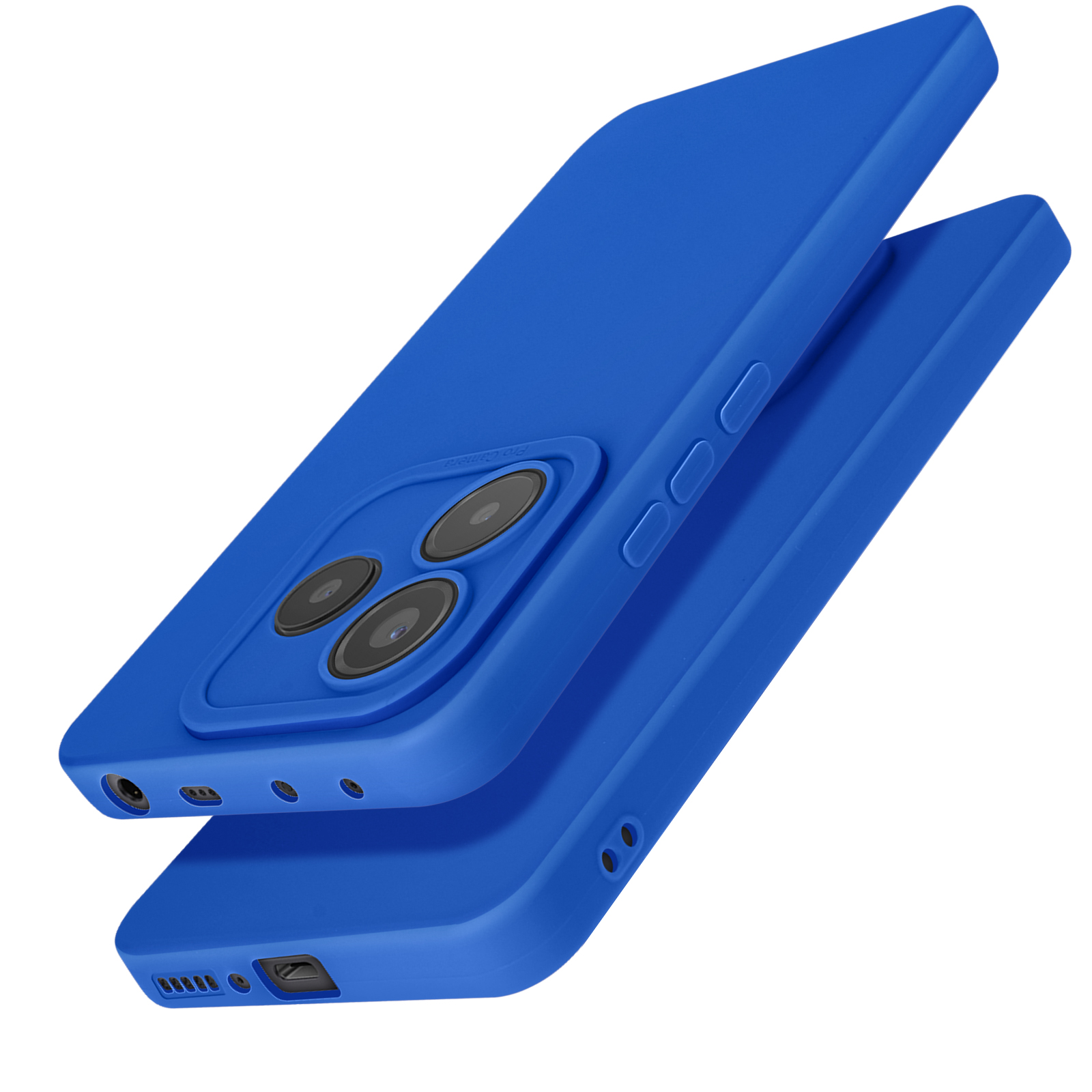 Custodia blu per telefono con tre fotocamere. Una custodia è sopra l'altra.