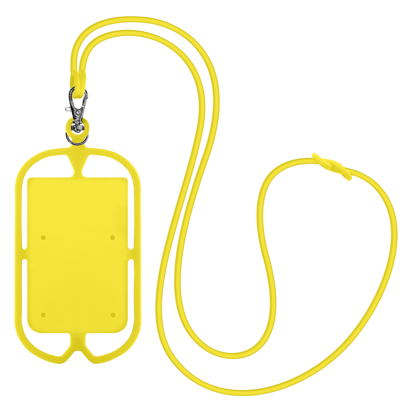 Supporto per telefono giallo con cordino giallo e chiusura argentata.