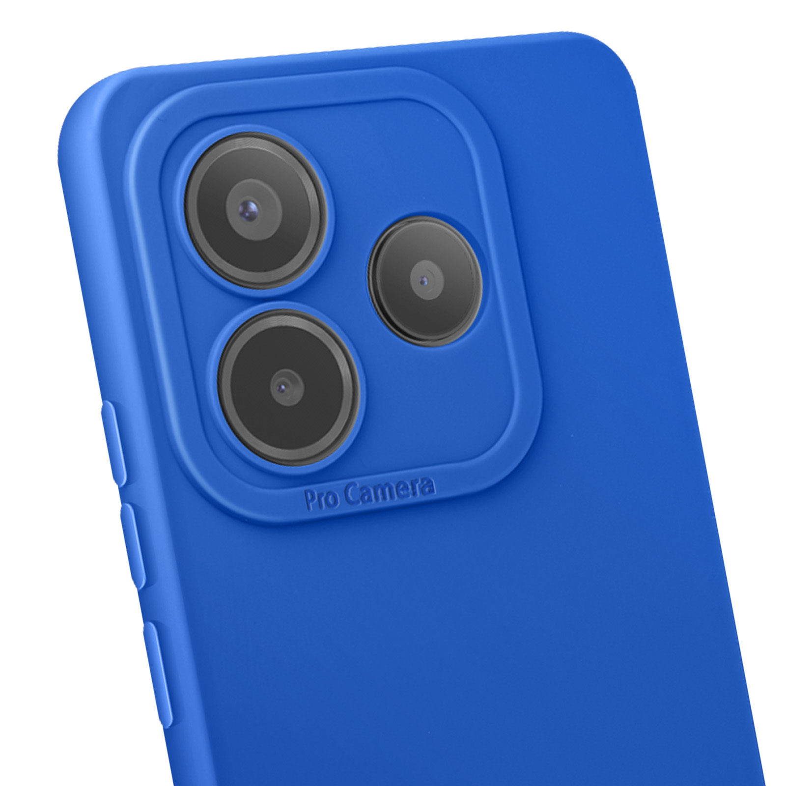 Custodia per telefono blu con telefono dentro. Tre obiettivi della fotocamera visibili. Etichetta Pro Camera.