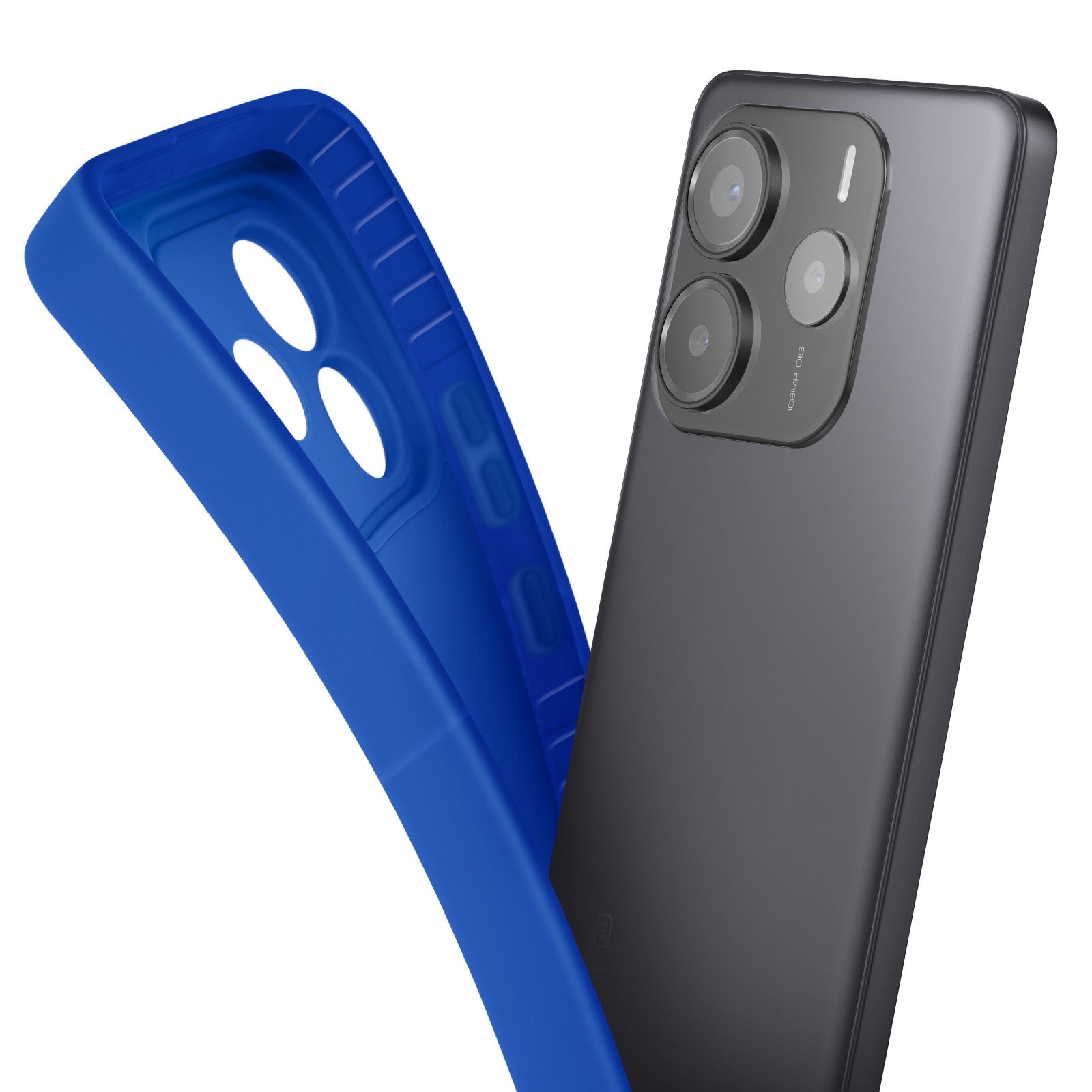 Un telefono nero con tre fotocamere e una custodia blu viene rimosso.