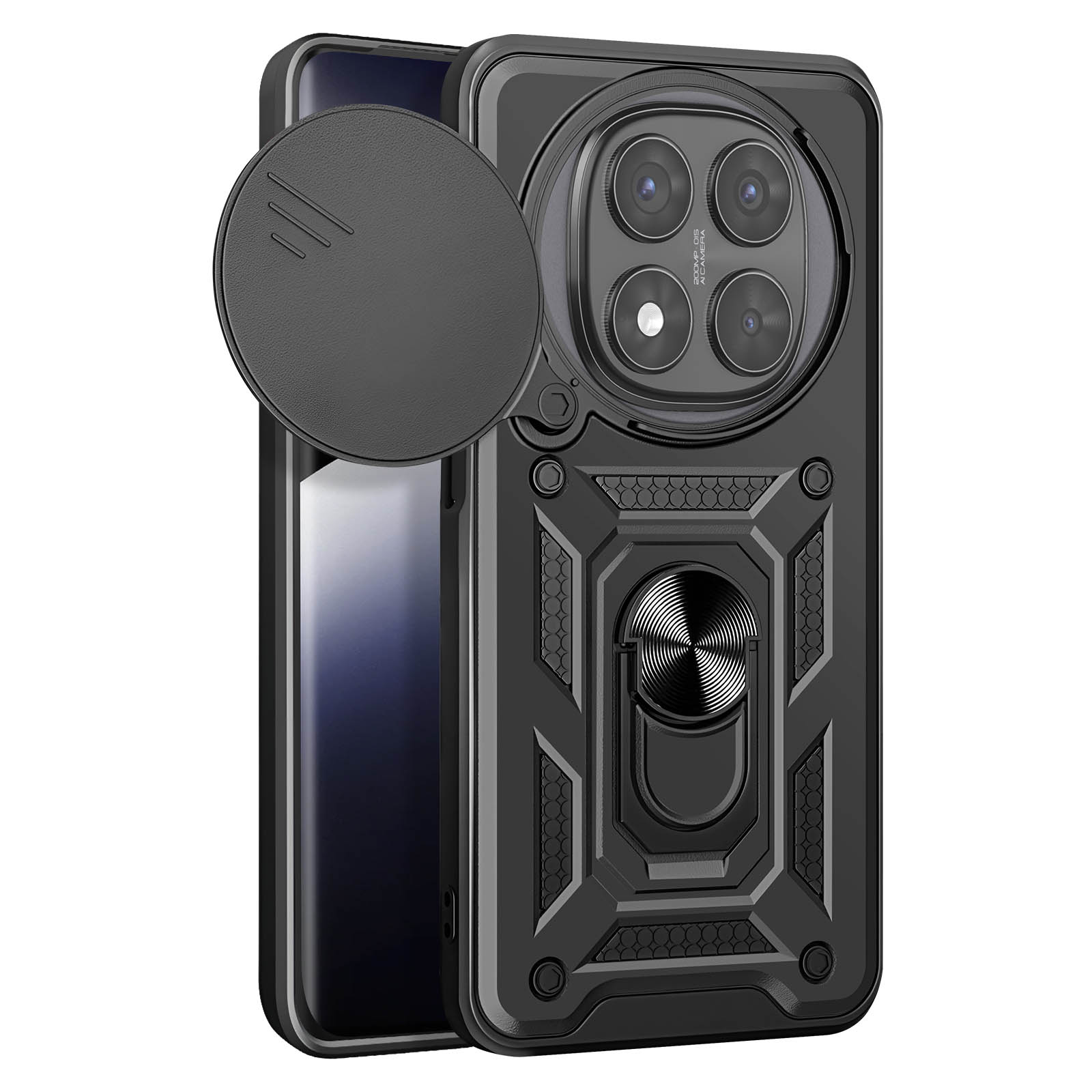 Custodia per telefono nera con copertura per fotocamera e anello rotante su un telefono.