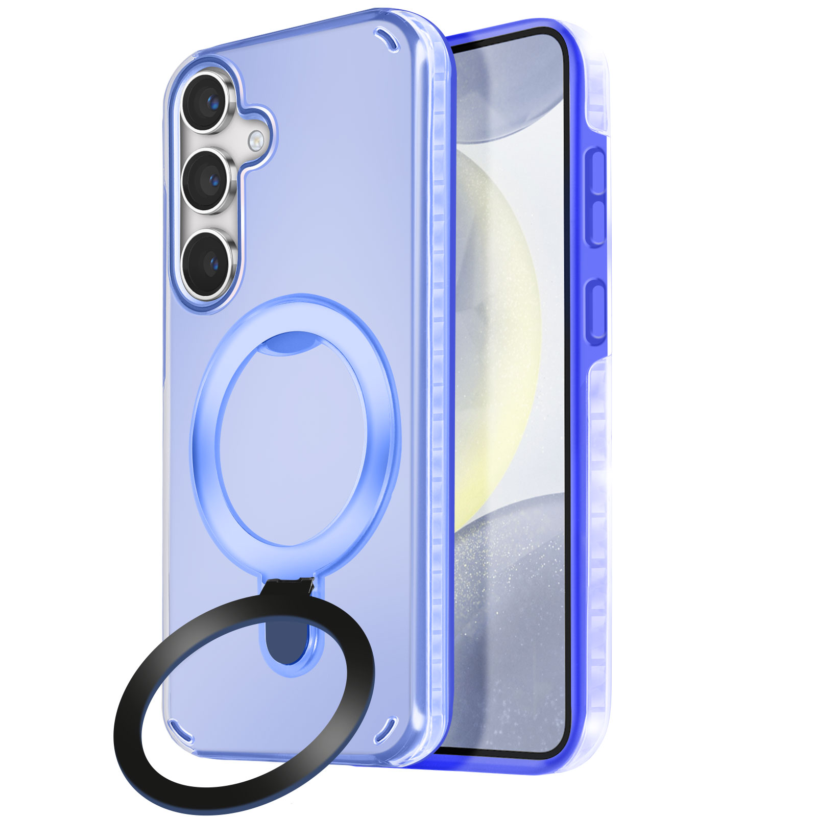 Una custodia blu per telefono con un anello e tre fotocamere. Ha un retro trasparente.