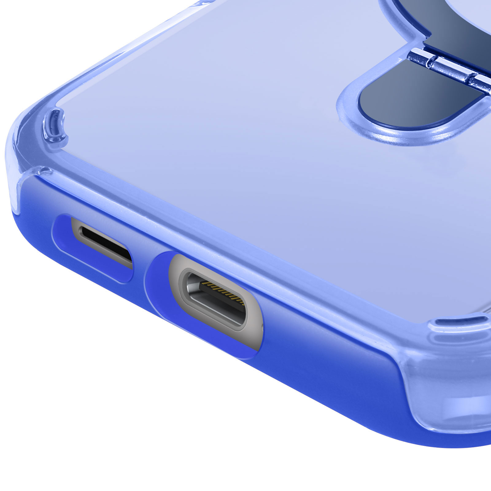Custodia blu per telefono. La parte inferiore mostra la porta di ricarica e l'altoparlante.