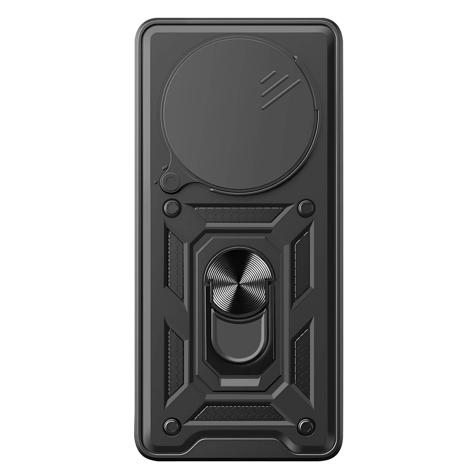 Custodia per telefono nera con anello rotante. Il retro ha una copertura per la fotocamera.