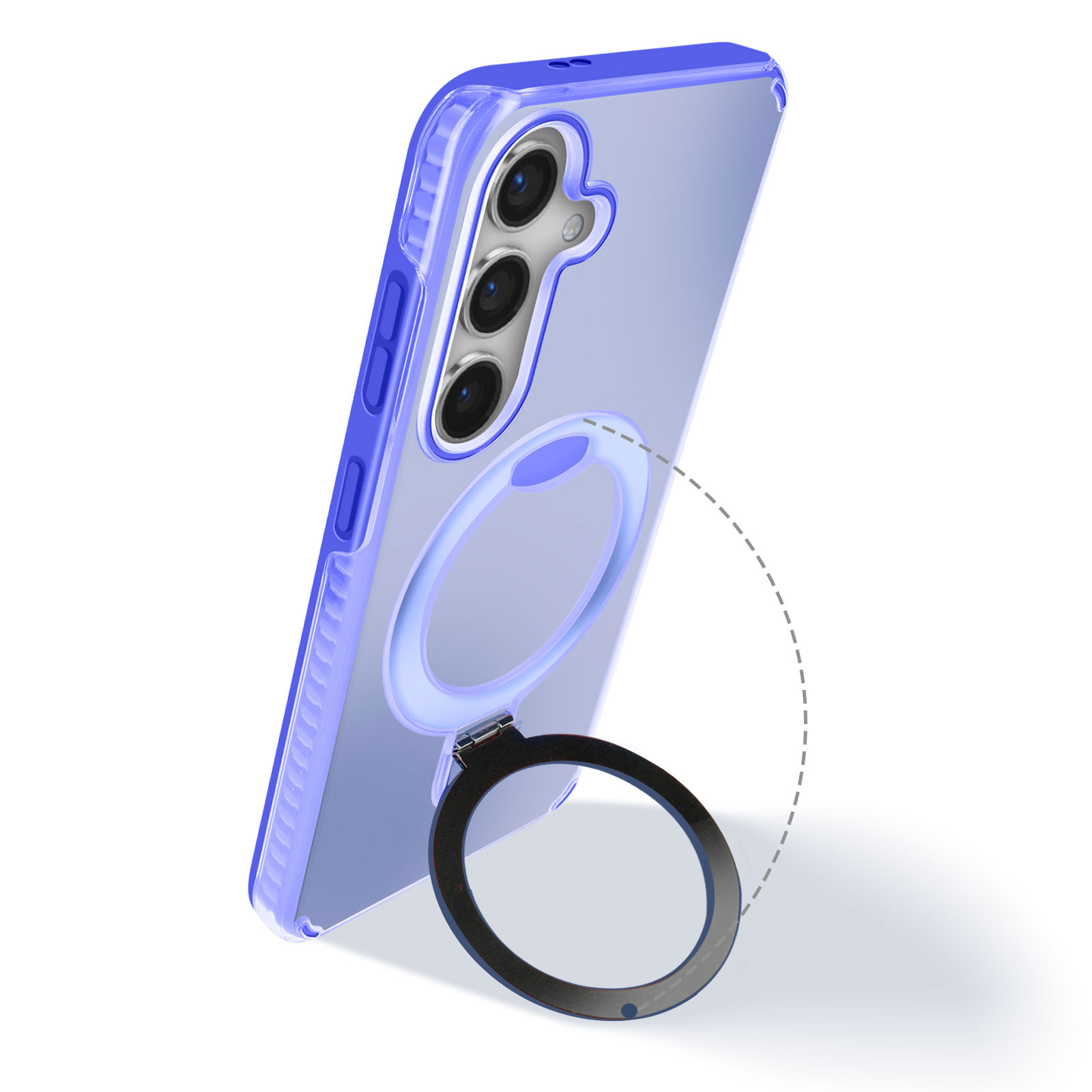 Una custodia blu per telefono con un anello, con una linea tratteggiata che indica il movimento dell'anello.