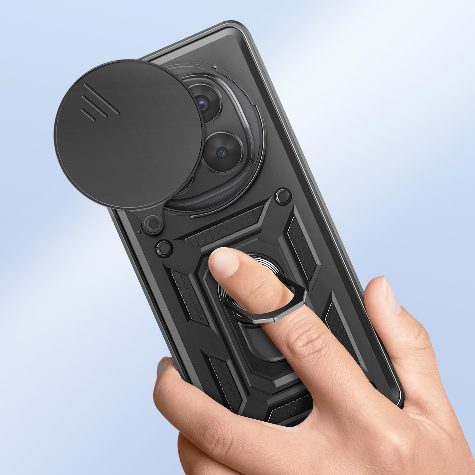 Custodia per telefono nera con una copertura per la fotocamera e un anello. Una mano tiene la custodia.