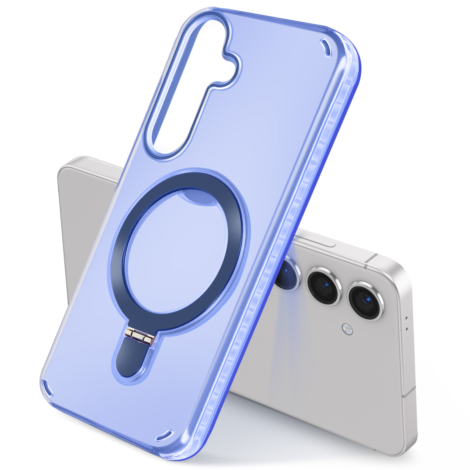 Custodia blu per telefono con supporto ad anello e un telefono. Sfondo bianco.