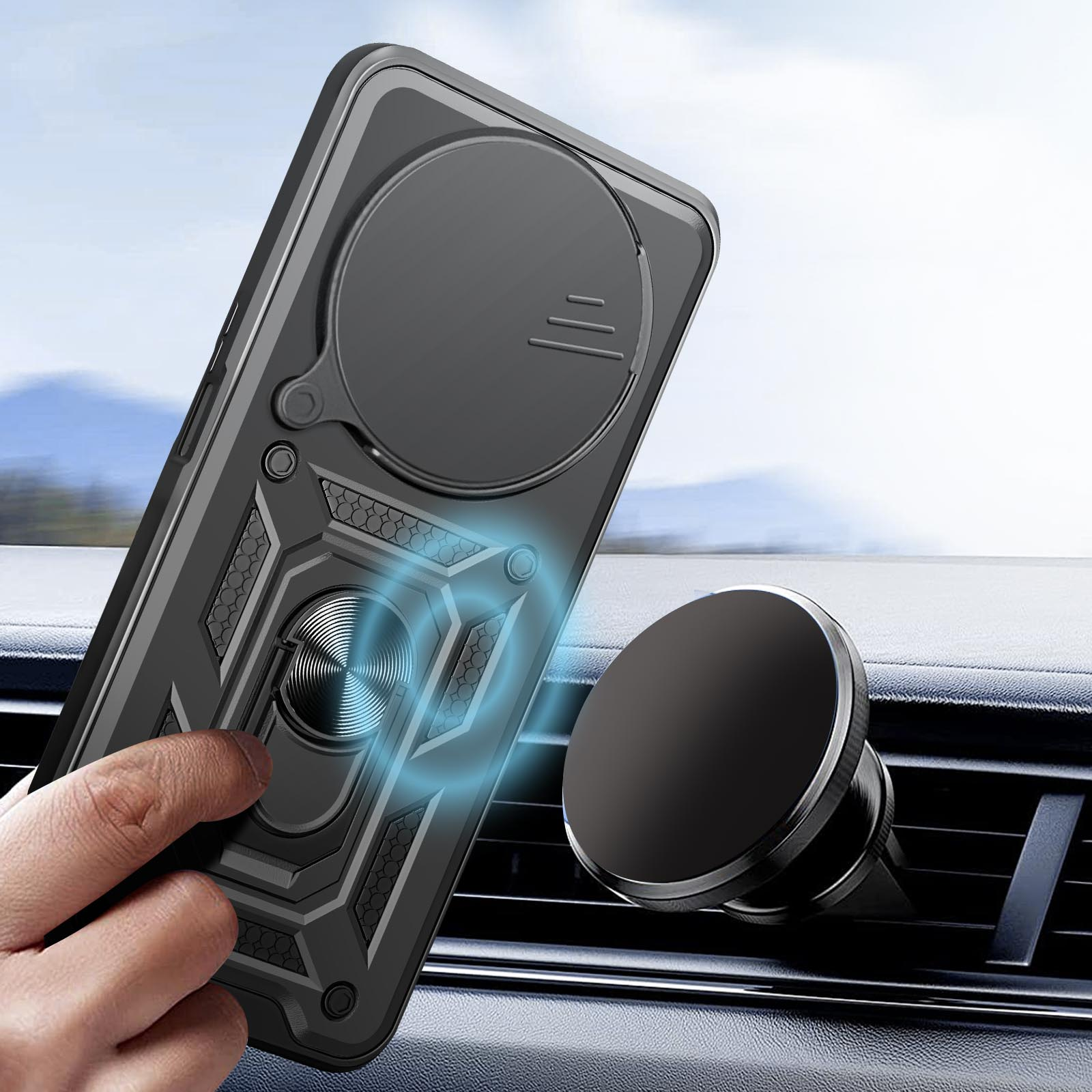 Mano con custodia nera per telefono e supporto magnetico per auto.